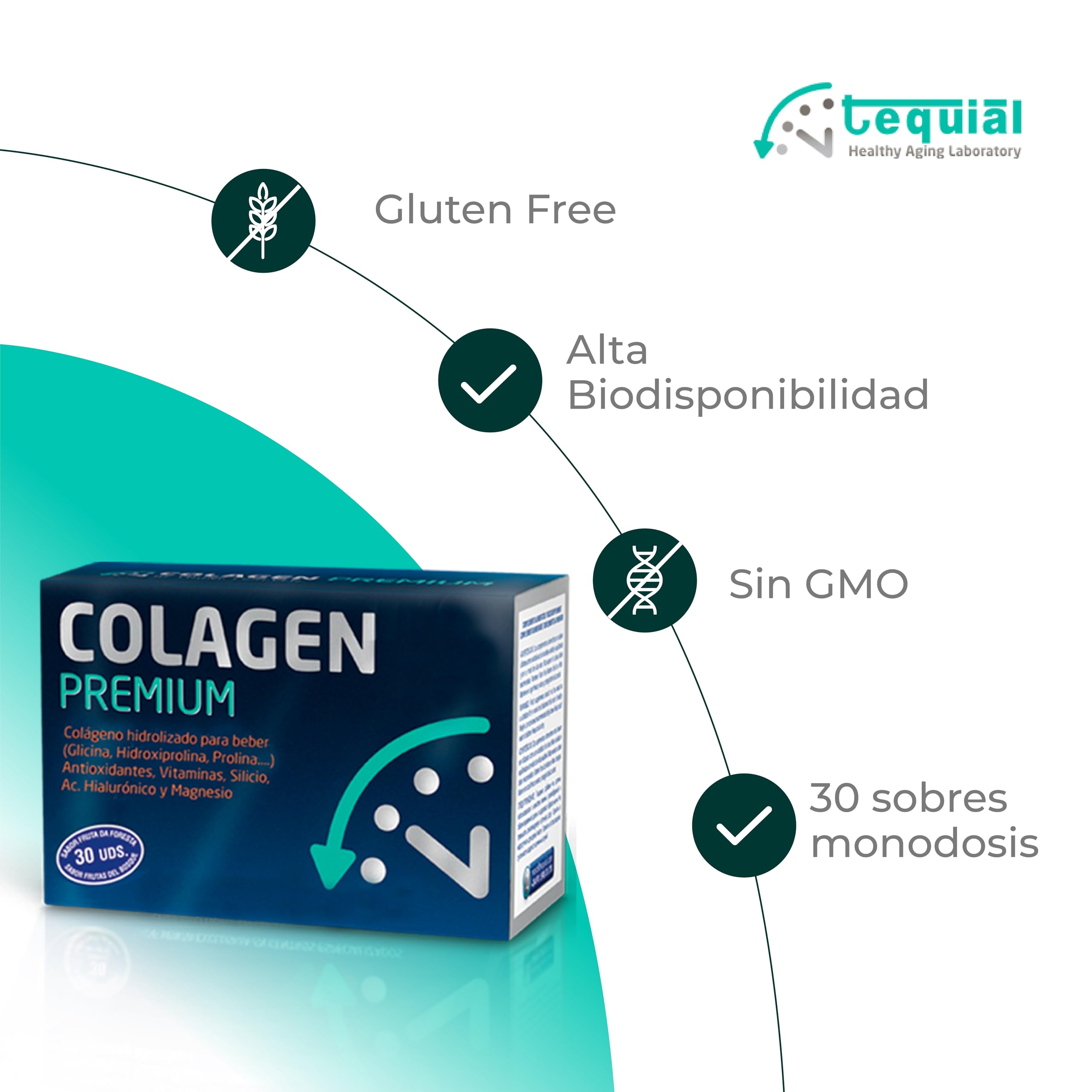 Tequial COLAGEN PREMIUM Complemento Alimenticio, 30 Sobres Monodosis | Colágeno Hidrolizado, Antioxidantes, Magnesio, Ácido Hialurónico, Fabricado en España