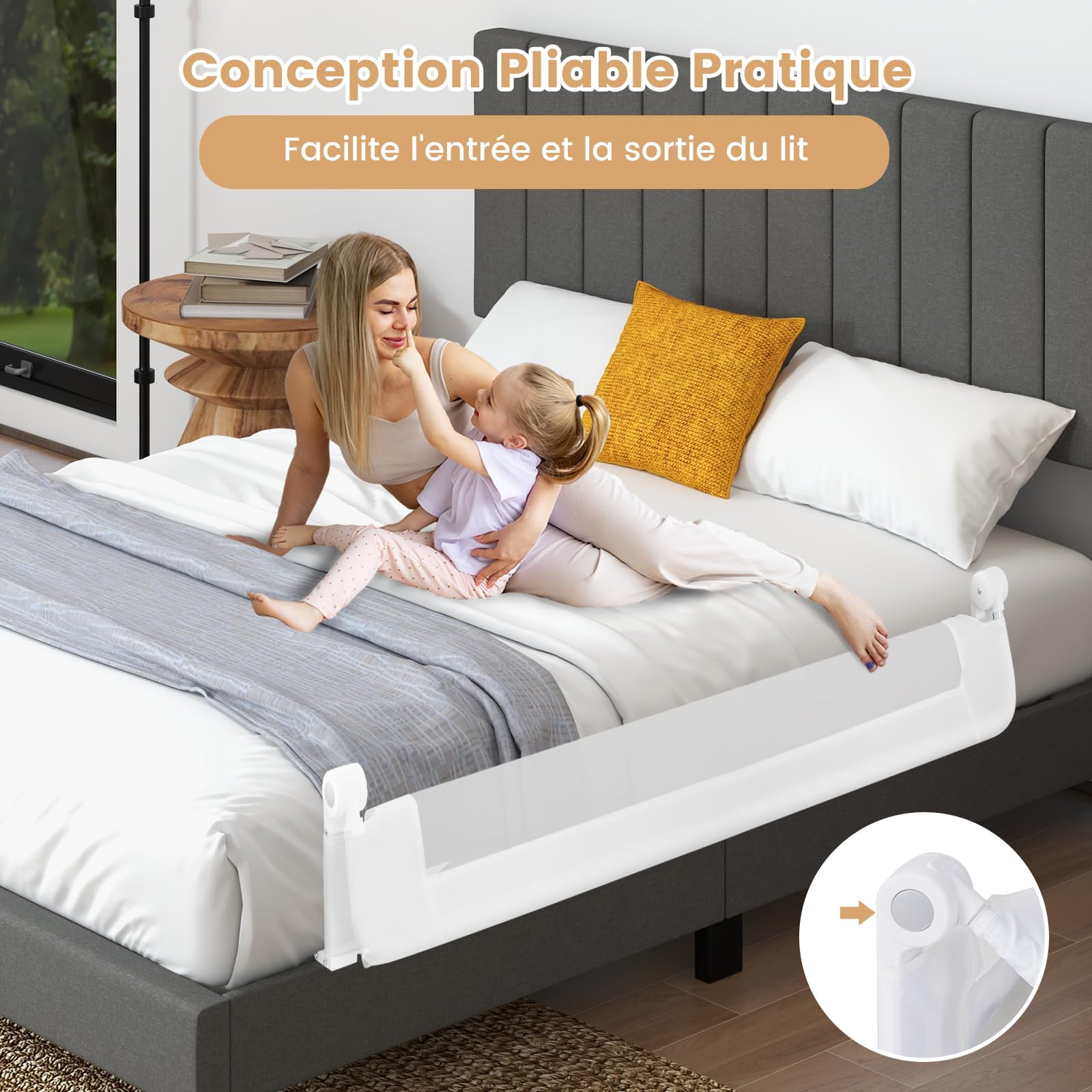 COSTWAY Barrière de Lit Pliable pour Bébé/Enfant Barre de Lit Rabattable avec Mousse Souple, Trous Pré-Percés Barrière de Protection Bébé Chambre à Coucher (Blanc, 152 x 42 cm)