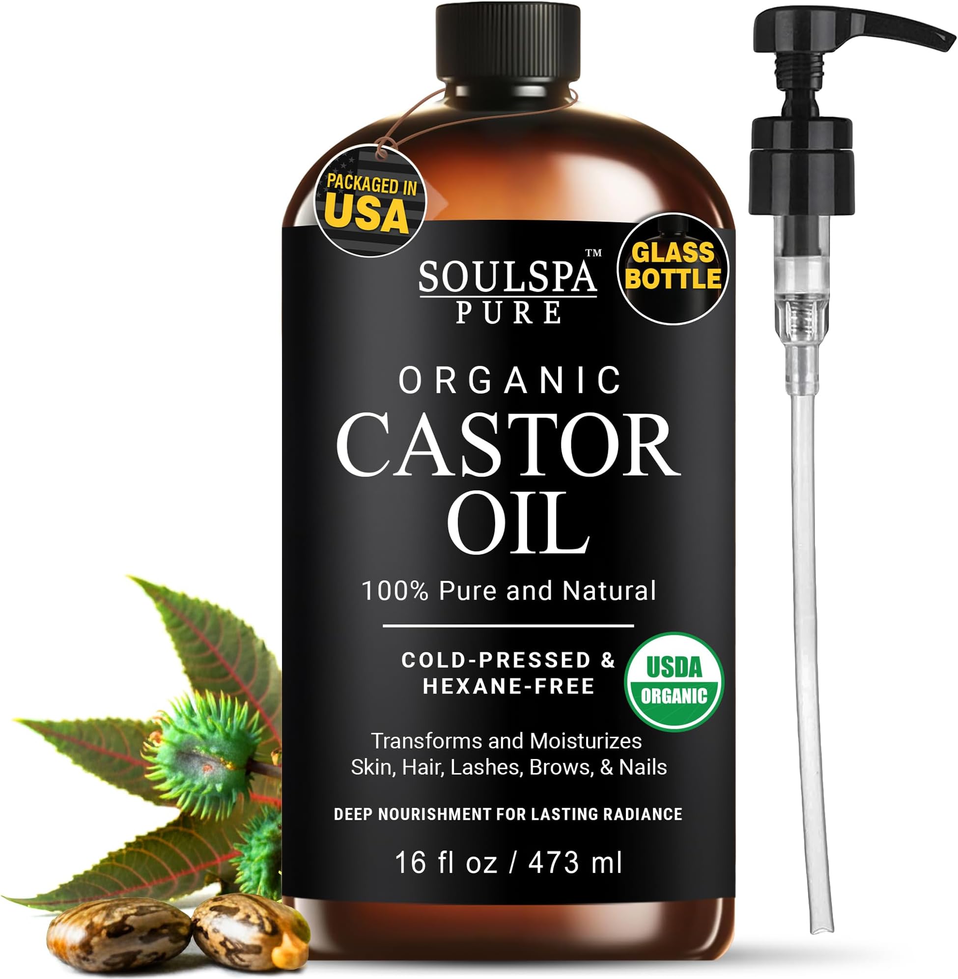 Organic Castor Oil for Hair, Scalp, Skin, Face & Eyelashes | USDA Certified | 100% Pure Castor Oil Organic Cold Pressed Unrefined Glass Bottle, Hexane Free - Soulspa Pure - 16 fl oz
