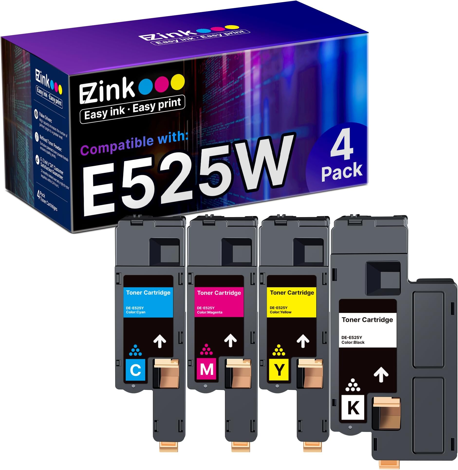 E-Z Ink Compatible Toner Cartridge Replacement for Dell E525W E525 525w Toner to use with E525w Wireless Color Printer for 593-BBJX 593-BBJU 593-BBJV 593-BBJW (Black Cyan Magenta Yellow, 4 Pack)