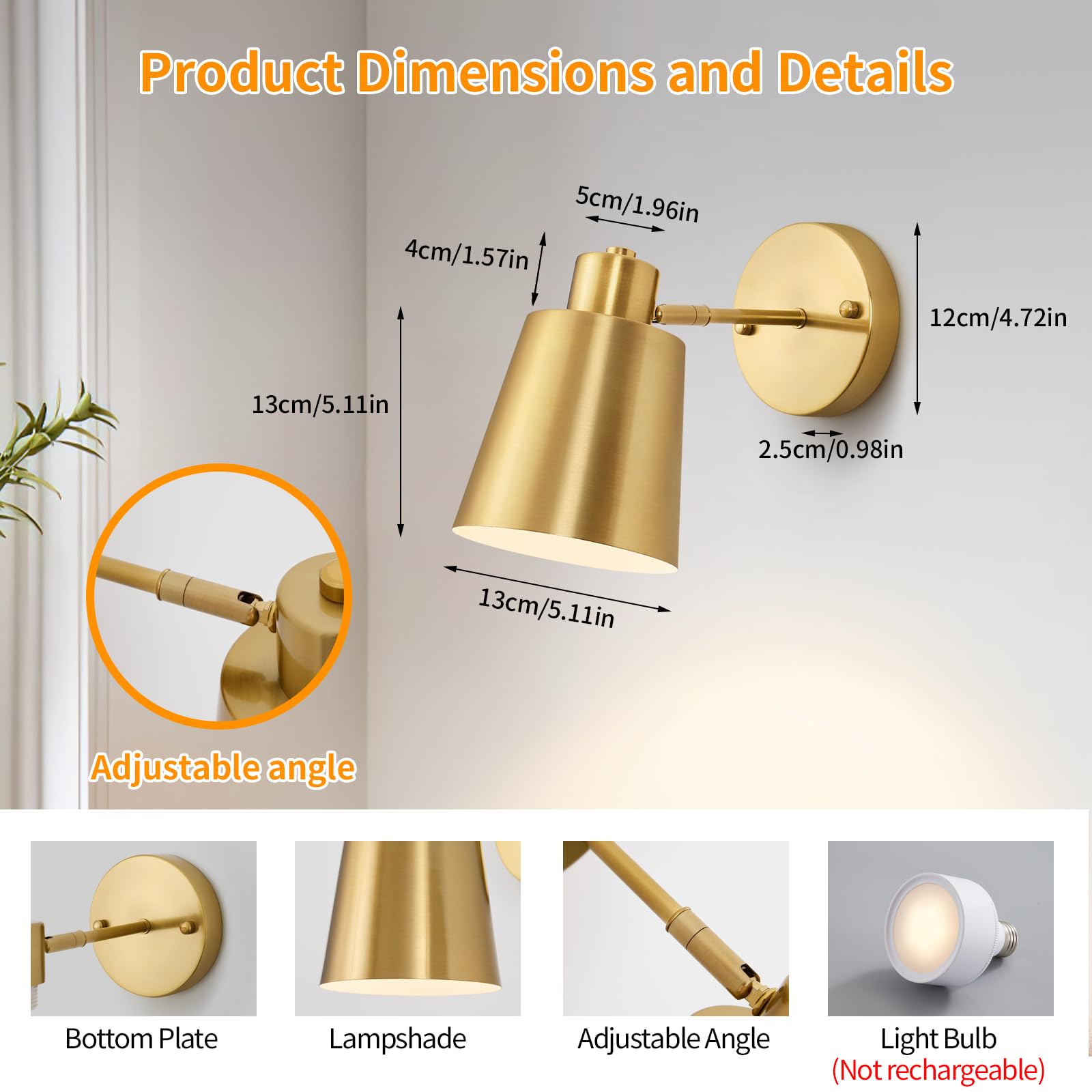 Vitnucrol 2 Pack Gold Wireless Battery Operated Wall Sconces, Dimmable Battery Powered Wall Decor Set of 2, Cordless Indoor Wall Light Lamp with Remote Control for Bedroom Living Room