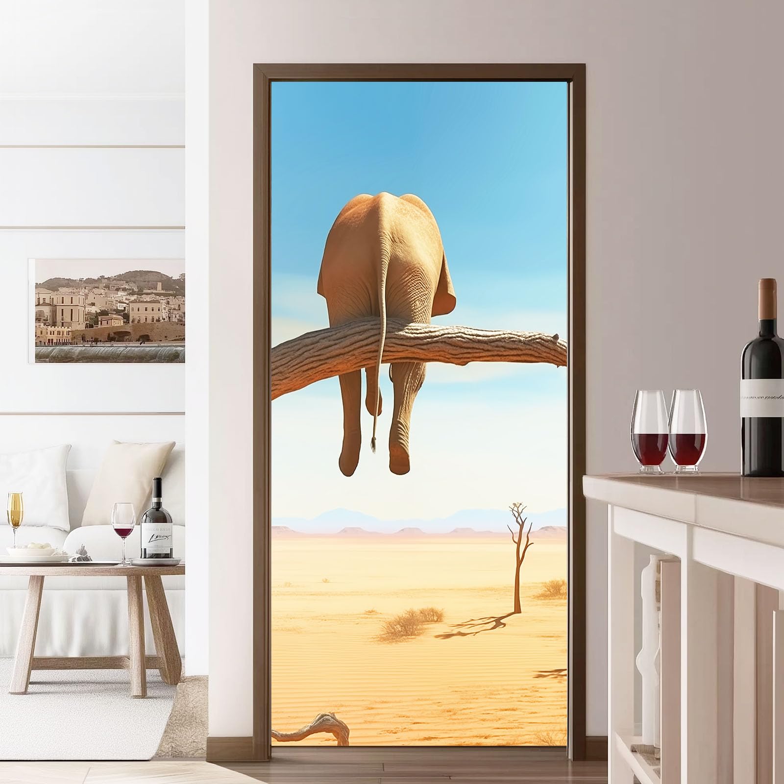 Animal Elephant - Poster adesivo per porta, autoadesivo, da parete, motivo: natura dune, cielo, blu marrone, adesivi per porta in PVC, per camera da letto, soggiorno, cucina, 95 x 215 cm