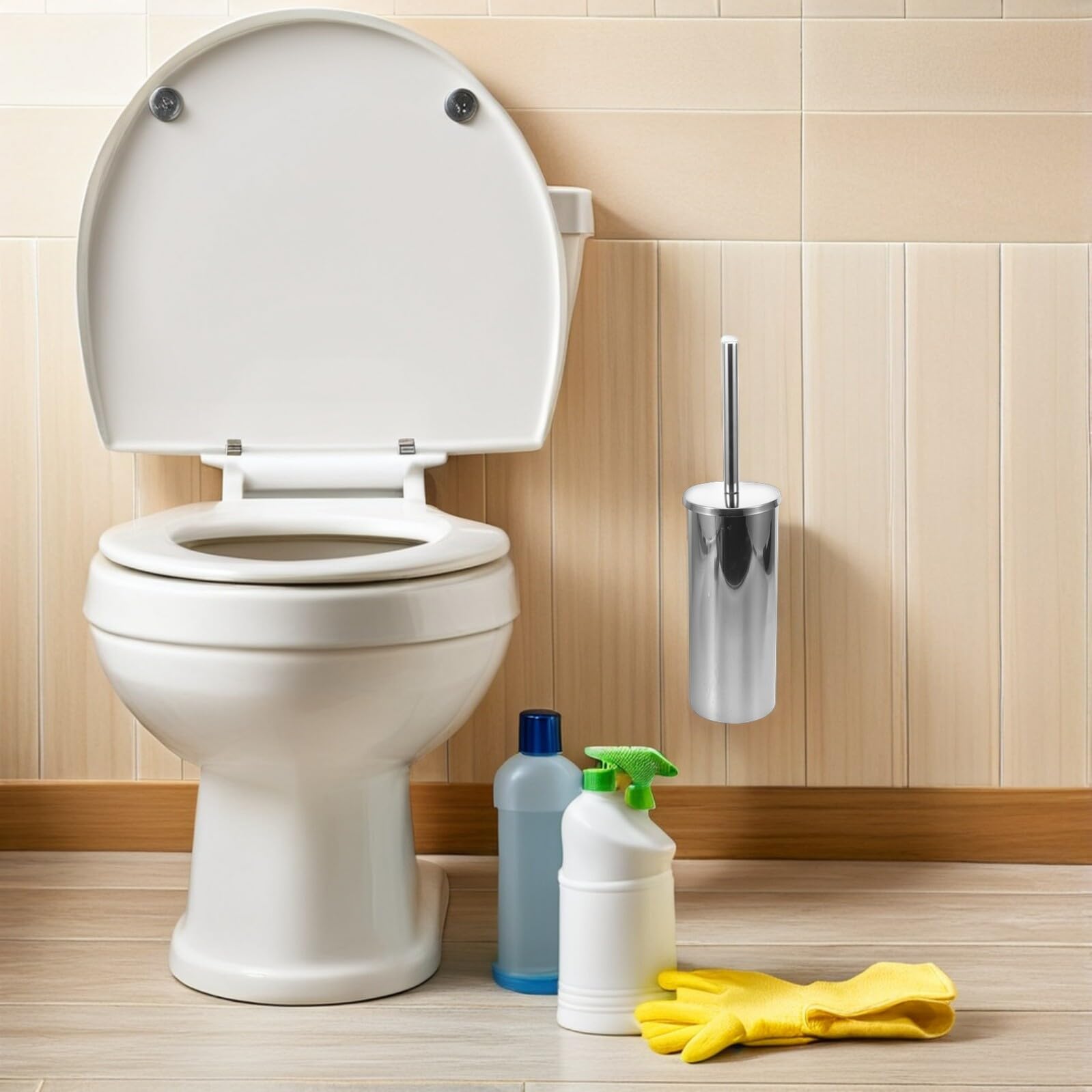 IMIKEYA Escobilla de Inodoro de Montaje en Pared de Acero Inoxidable Soporte Antigoteo, Cepillo de Baño Plateado de Mango Largo para Limpieza Profunda, Kit para Baño Hogar y Oficina
