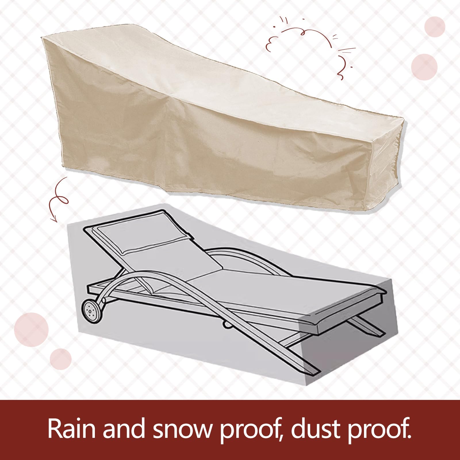 Funda Protectora para Tumbona, Funda Impermeable para Silla de Patio, Funda para Muebles de Jardín a Prueba de Viento de Exterior, 208x76x41cm (Beige)