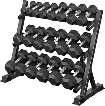 350/450/550 Lbs Hex Dumbbell Set with 3-Tier Rack. Rubber Coated Weights Storage Stand for Home Gym Workout Training and Strength Exercise Equipment