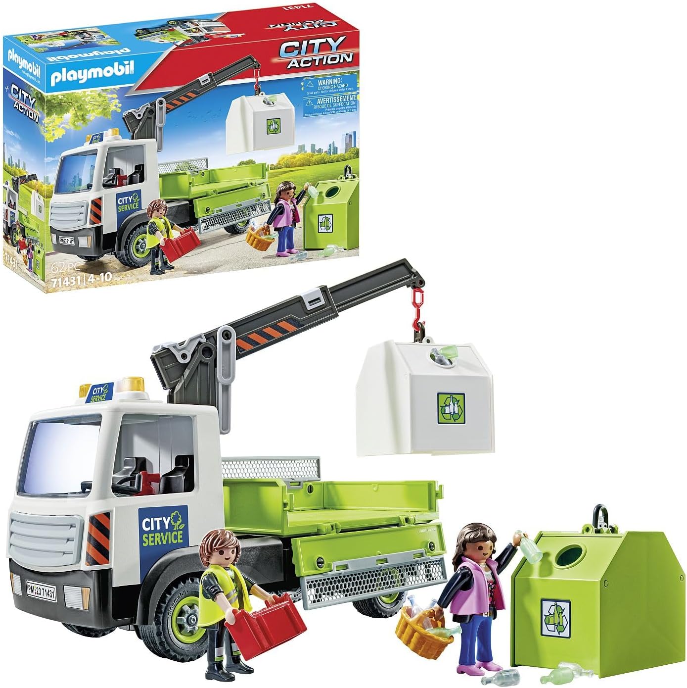 City Action 71431 Old Glass Truck with Container, City Cleaning, Waste Glass Container, Truck Driver and Numerous Bottles, Foldable Loading Area for Unloading, Toy for Children from 4 Years