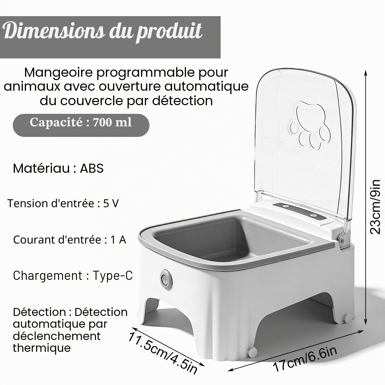 Bol pour Chiens avec Capteur Infrarouge, 500ml Mangeoire Automatique, Distributeur Croquettes Chat Automatique avec Interrupteur Programmé, Distributeur Automatiques pour Alimentation Sèche/Humide