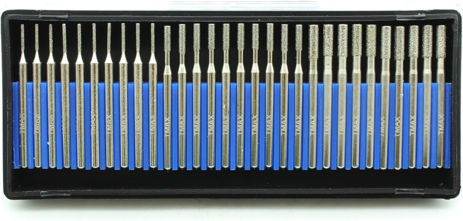 TMAX 30 pc Set 10x1mm 10x2mm 10x3mm Medium Grit 150 Diamond Drill Bit Cylindrical Burr Kit Jewelry Beach Sea Glass Shells Gemstones Lapidary 1/8 Inch Shank for Dremel and Other Rotary Tools