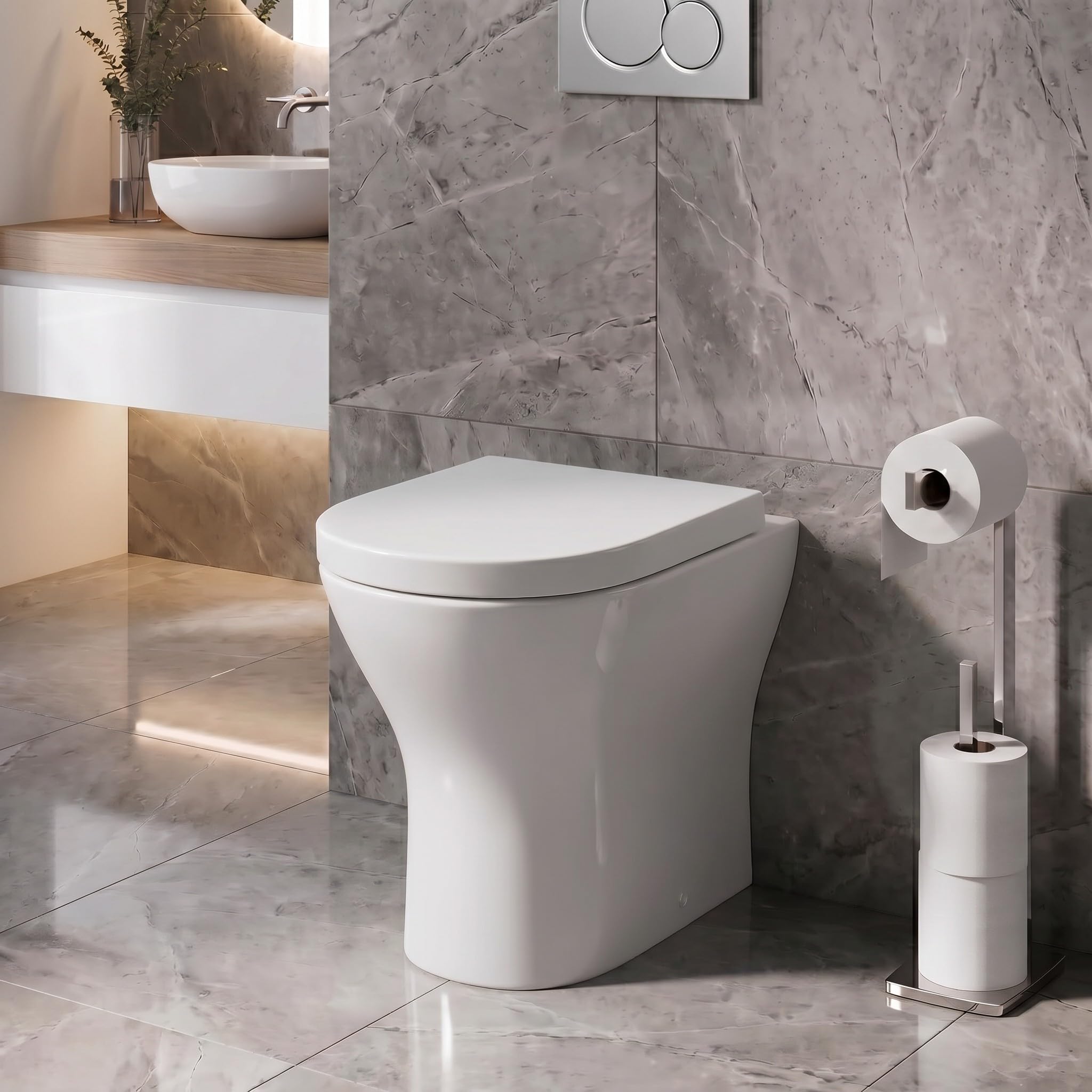 Affine® Arles Modern Bathroom Cloakroom Back to Wall BTW Rimless Toilet Space Saving WC Toilets Soft Close Seat D Shape Pan Ceramic, White Gloss — image 1
