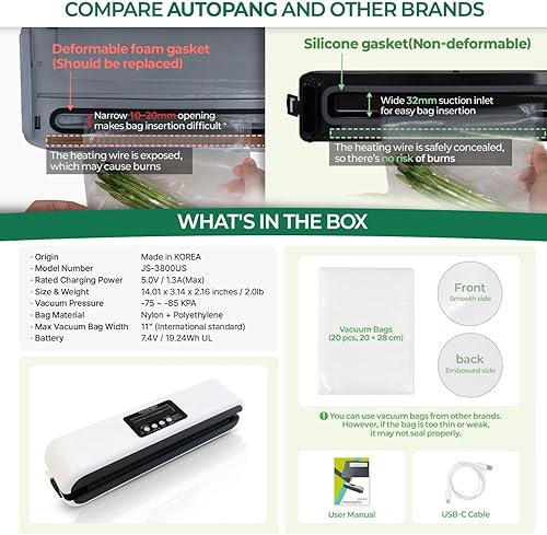 Miniatura 6 de Máquina selladora al vacío inalámbrica, potente succión, sellado manos libres completamente automático, batería de iones de litio recargable USB-C,
