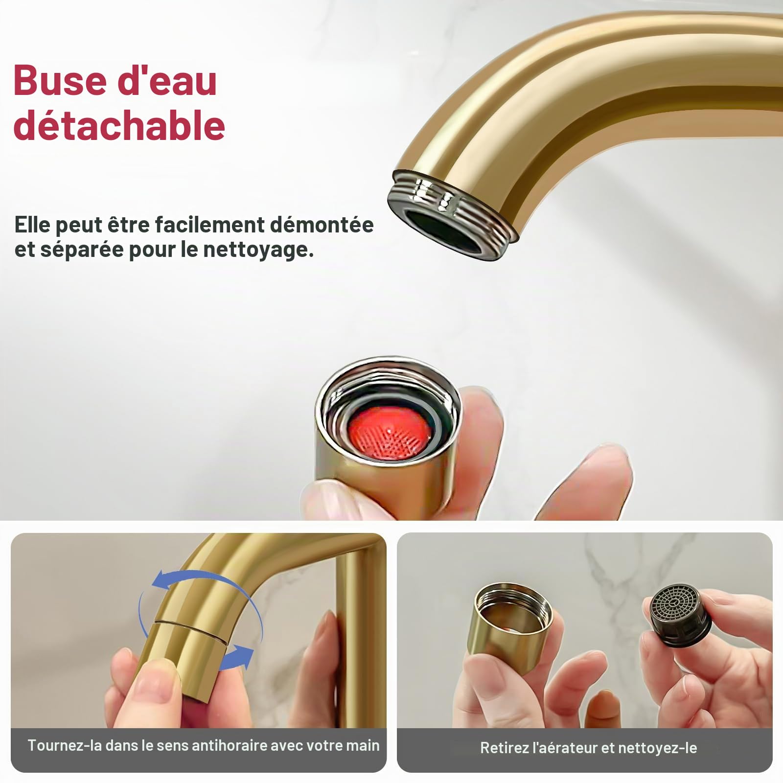 Mitigeur de Lavabo Doré, DETBOM Robinet de Lavabo Réglable Chaud et Froid, Robinet Salle de Bain Monocommande, Acier Inox, Aérateur Amovible, Sans Plomb, Or Brossé