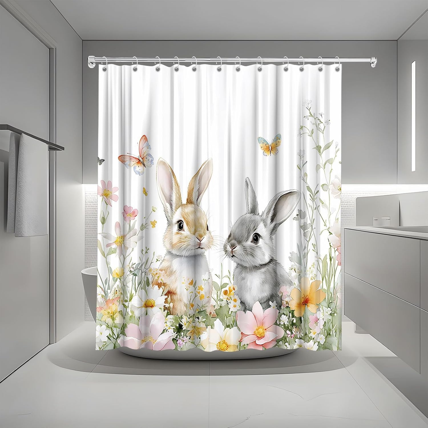 Spring Bunny Shower Curtain Easter Cute Rabbits Floral Plant Butterfly Watercolor Flower Rustic Wildflowers Wild Animal Bath Curtain Fabric Bathroom Accessories Decor with Hooks 70W x90L