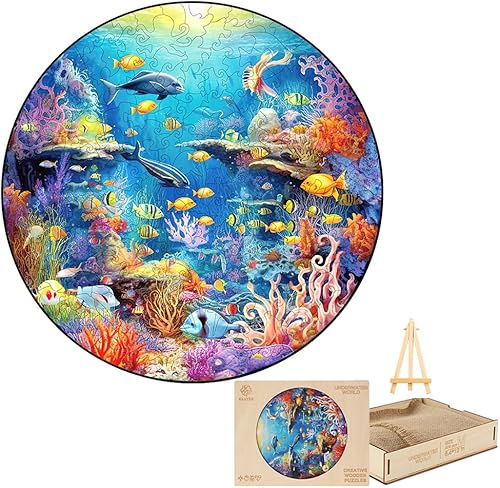 Miniatura 8 de KAAYEE Rompecabezas de madera para adultos, mundo submarino, rompecabezas de círculo de forma única, rompecabezas redondo de madera para adultos,