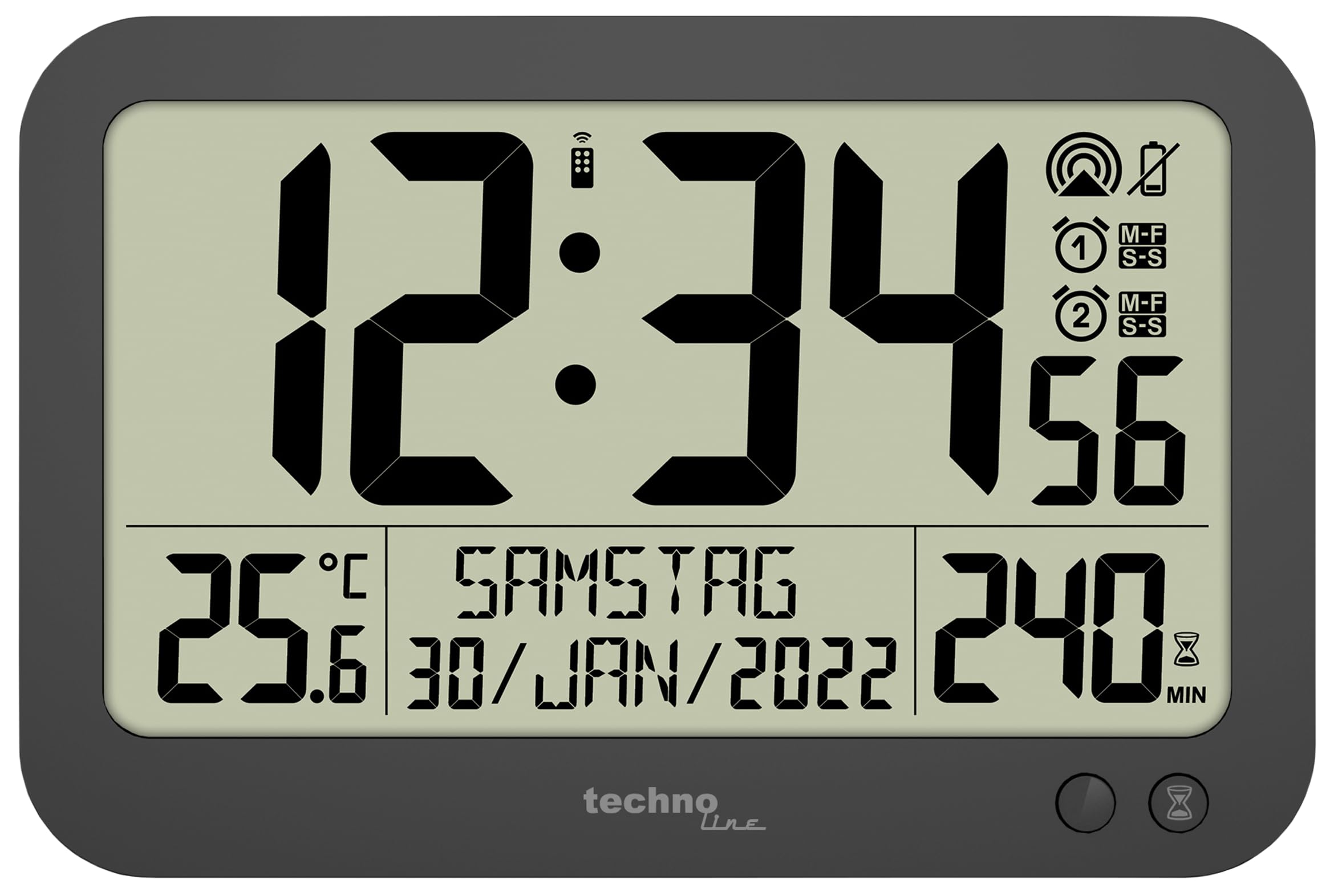 Technoline WS8026 - Reloj Digital inalámbrico con Mando a Distancia, 22,3 x 14,8 cm, con indicador de Temperatura, Temporizador hasta 240 Minutos