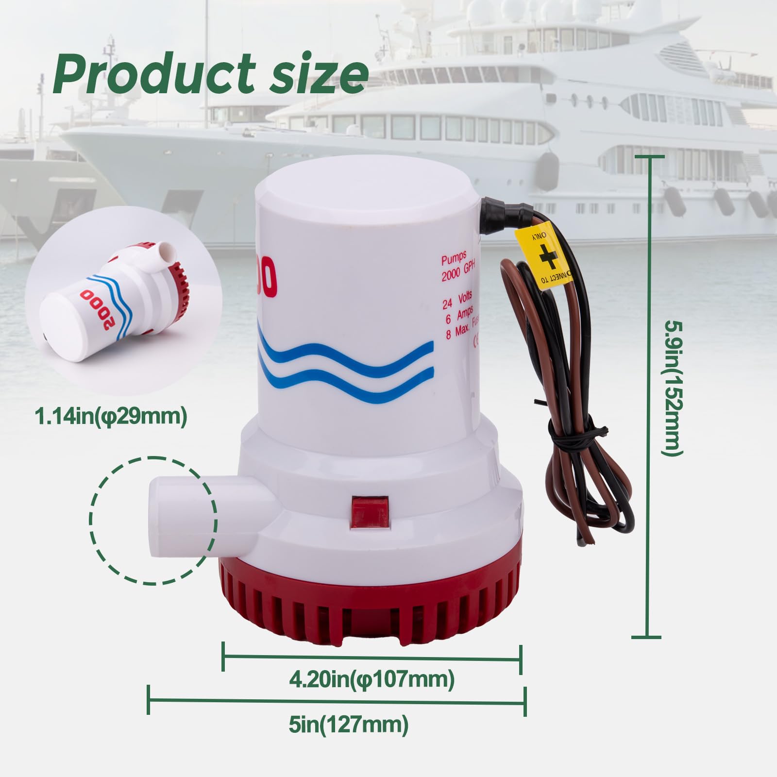 Bomba de achique sumergible de 12 V de 2000 GPH para barco marino | Carcasa resistente a la corrosión. Diseño totalmente sumergible.