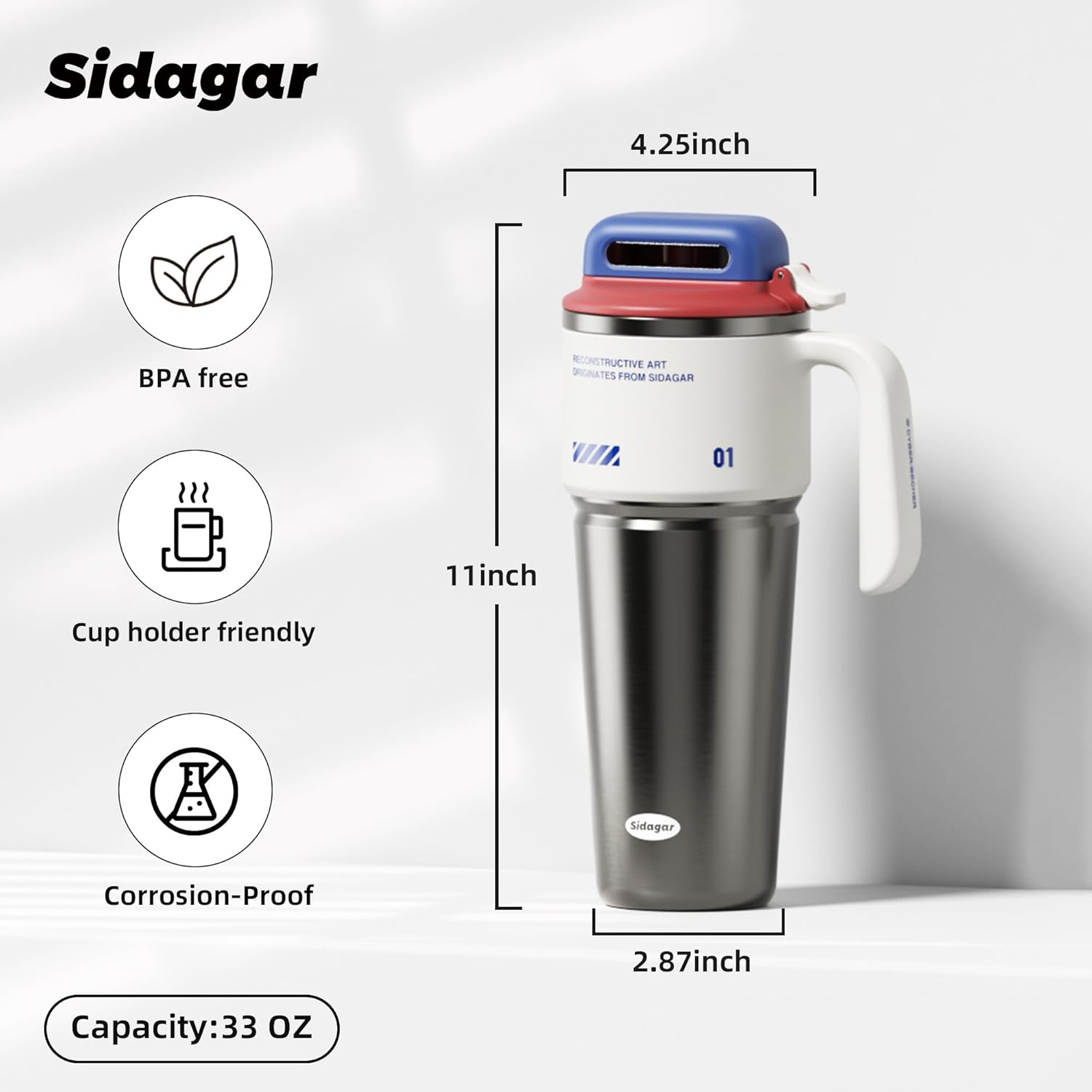 32 oz Insulated Tumbler for Men, Large Gamer Mug, Stainless Steel Mecha Style Water Bottle with Handle, Push-button Lid, Gifts for Gamers & PC Building Fans - Arctic White Combo - Image 3