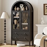 MECHYIN 71" Tall Farmhouse Arched Kitchen Pantry Cabinet with Glass Doors, 2 Drawers & Adjustable Shelves - Black Storage Hutch