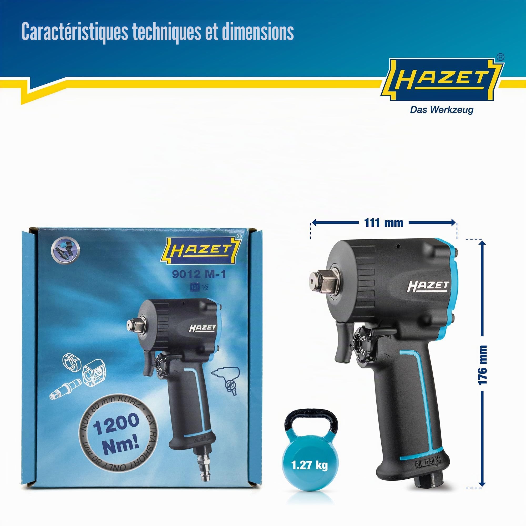 Hazet Visseuse à choc pneumatique 9012M-1 I extra courte - seulement 80 mm, couple max. Couple de desserrage : 1200 Nm, carré 1/2 pouce I pour les travaux dans les espaces restreints