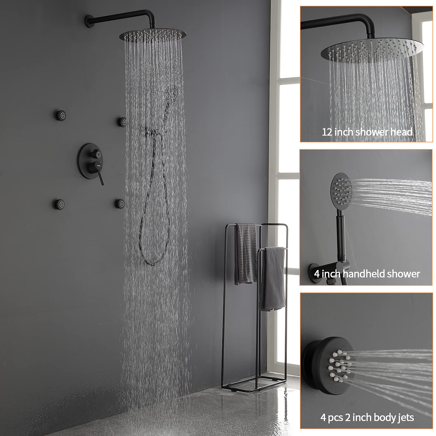 30,5 Cm Regenduschsystem Mit 4 Massagedüsen & Handbrause – Matt-Schwarz, Messing-Ventil, Verstellbar