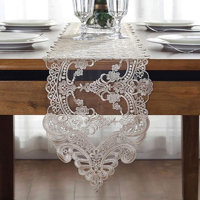 Cileruide Transparent Floral Jacquard Lace Table Runner Embroidery Table Cover Table Decorations Multi-Sizes for Dining Table Washable Table Runner (Champagne,26x150cm)