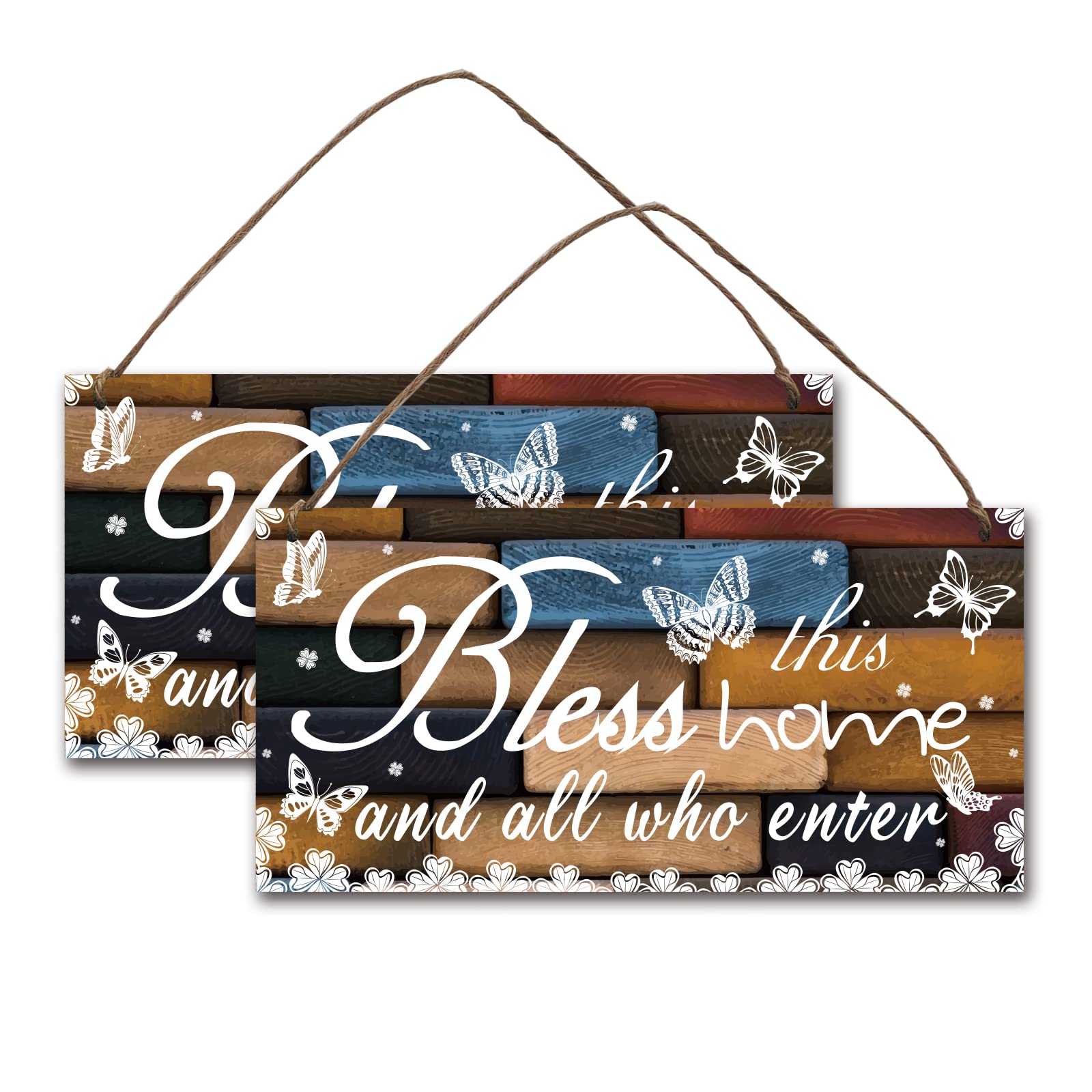 NBEADS 2 Sets Rustic Wood Signs Home Decor, Bless This Home Wall Hanging Decor Family Home Decor Signs, Plaque Decorative Butterfly Wood Wall Art Sign with Jute Twine, 30x15cm — image 1