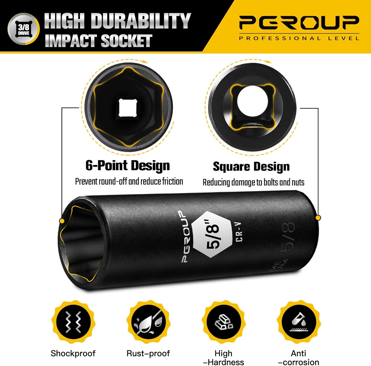 3/8インチドライブディープインパクトソケット、SAE(5/8インチソケット)、6ポイント、Cr-Vスチール、ブラックリン酸マンガン