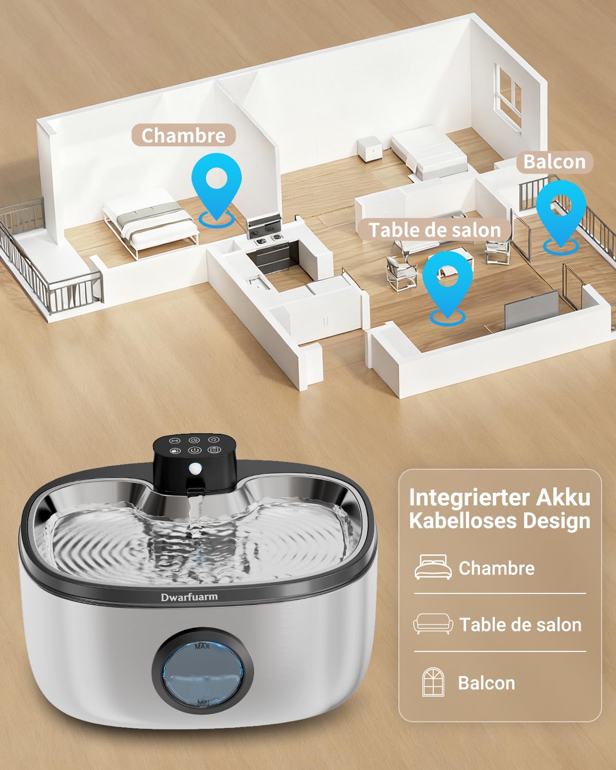 Trinkbrunnen für Hunde,Katzen Trinkbrunnen,Trinkbrunnen für Katze Kabellos | Edelstahl, 5L, Kabellos, 4000mAh Akku, Drei Betriebsmodi, Abnehmbare Wasserpumpe, 2 Filters, Leise