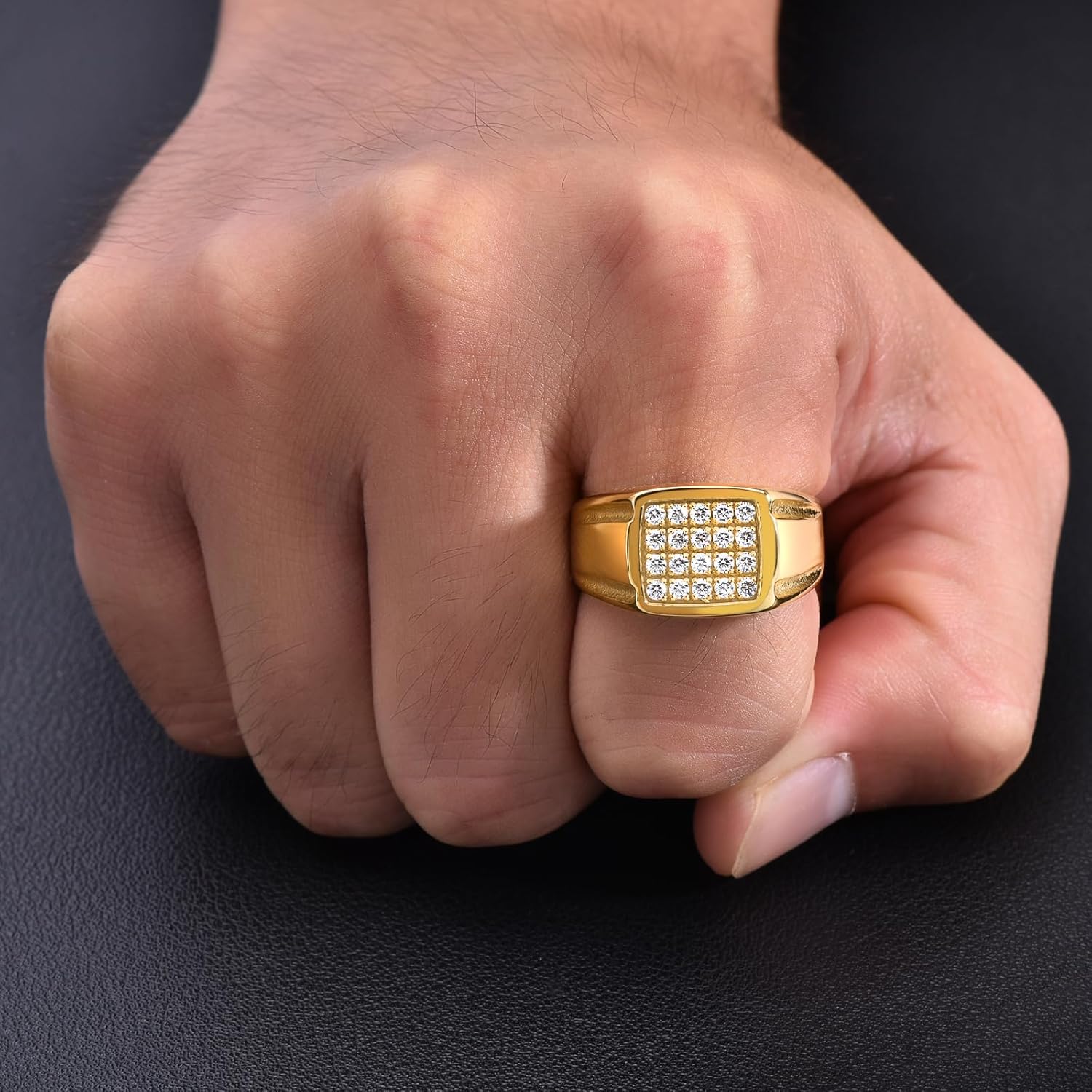 18K Gold Plated Men's Cubic Zirconia Ring with 20 CZ Stones - Hypoallergenic Stainless Steel Wedding Band, Comfort Fit Sizes 8-13 (Gold/Black/Silver), Jewelry Gifts for Him - Image 6