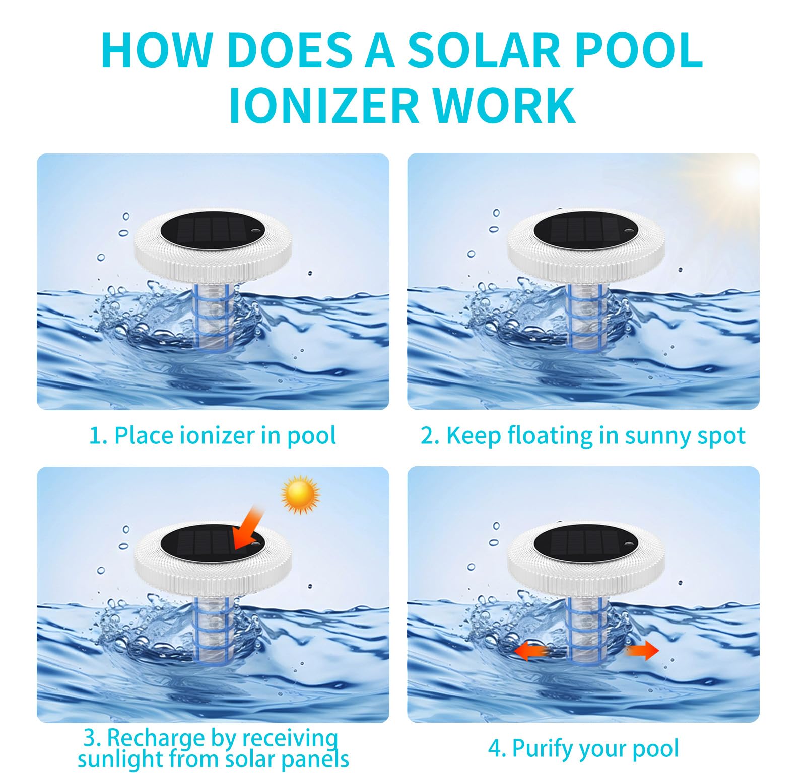Ioniseur Solaire de Piscine Flottant en Cuivre avec Veilleuse LED Multicolore pour Marche/Arrêt Automatique, Accessoire de Piscine Réduit Le Chlore et Les Irritations de la Peau pour l'eau Douce