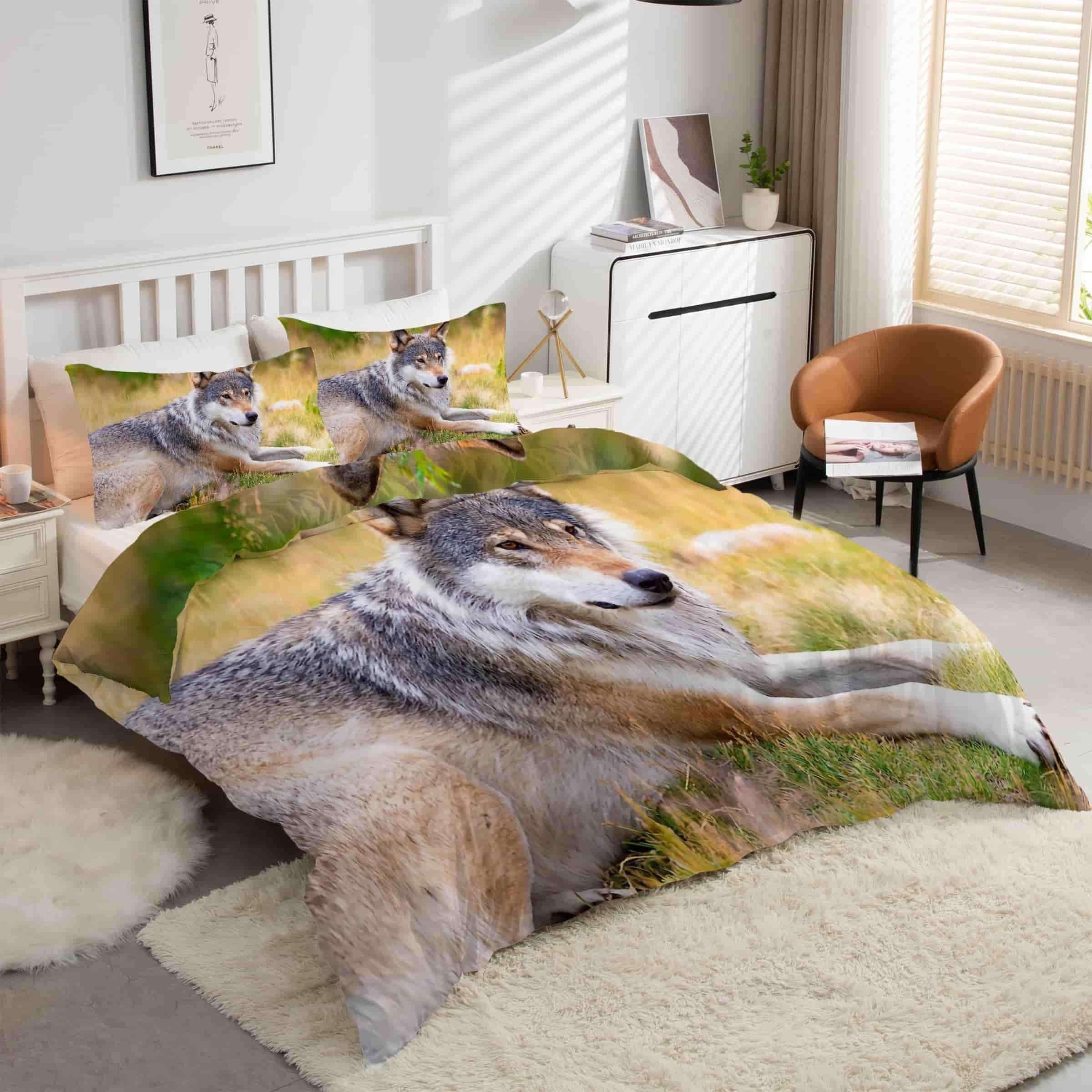 Housse de Couette 200x200 Loup sans Repassage Facile à Enfiler avec Taies d'Oreiller Zippées