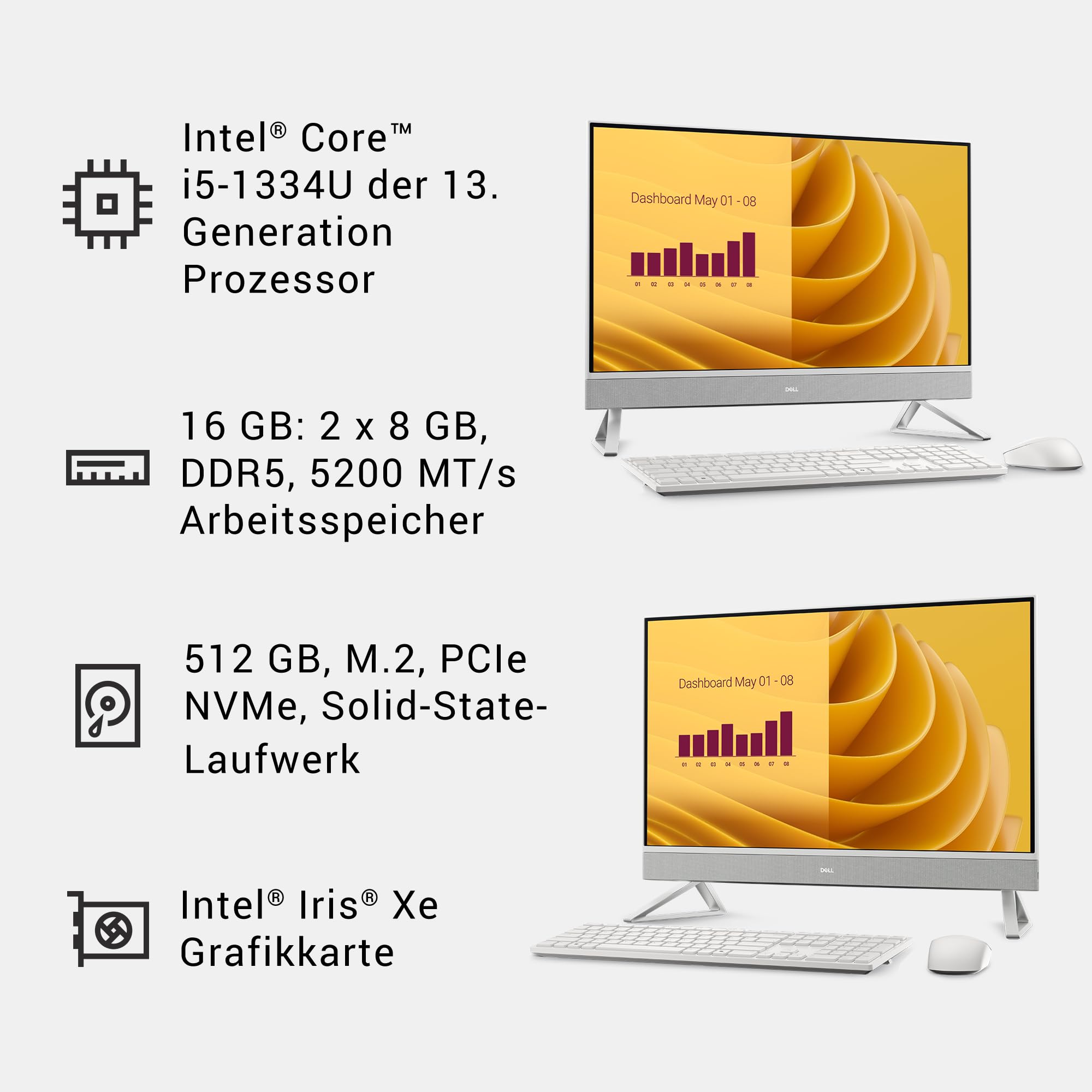 Dell Inspiron 27 All-in-One EC27250 – 27" FHD (1920 x 1080) IPS, Intel Core i5-1334U, Intel Iris Xe, 16 GB RAM, 512 GB SSD, Windows 11 Home, QWERTZ-Tastatur & kabellose Maus, Pearl White