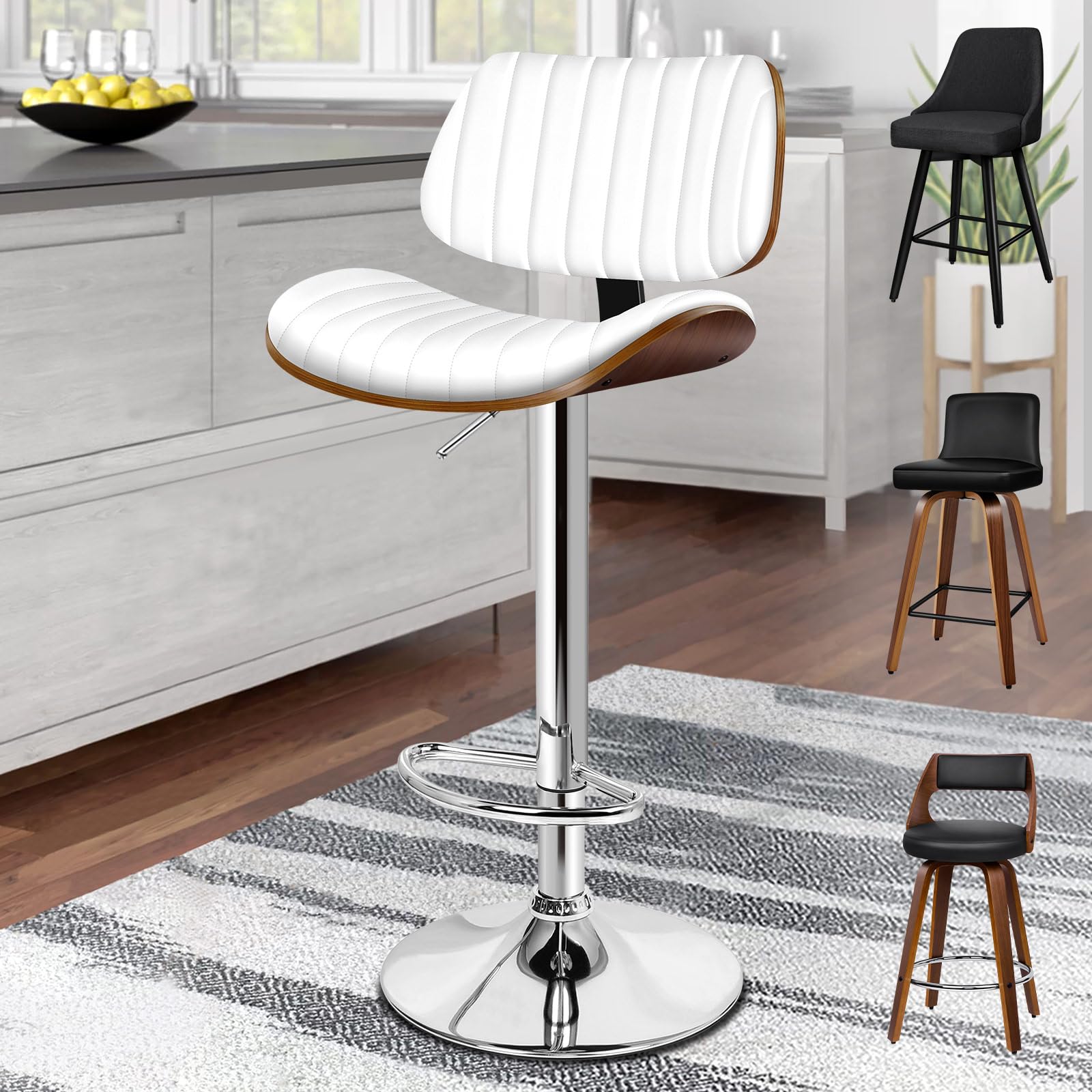 ALFORDSON Bar Stools, Adjustable Swivel Bentwood Barstools, Modern PU Leather Upholstered Kitchen Chair with Back and Footrest, for Kitchen Island, Dining Room, Home Pub Countertop, White, 150kg, 1PC โ image 1