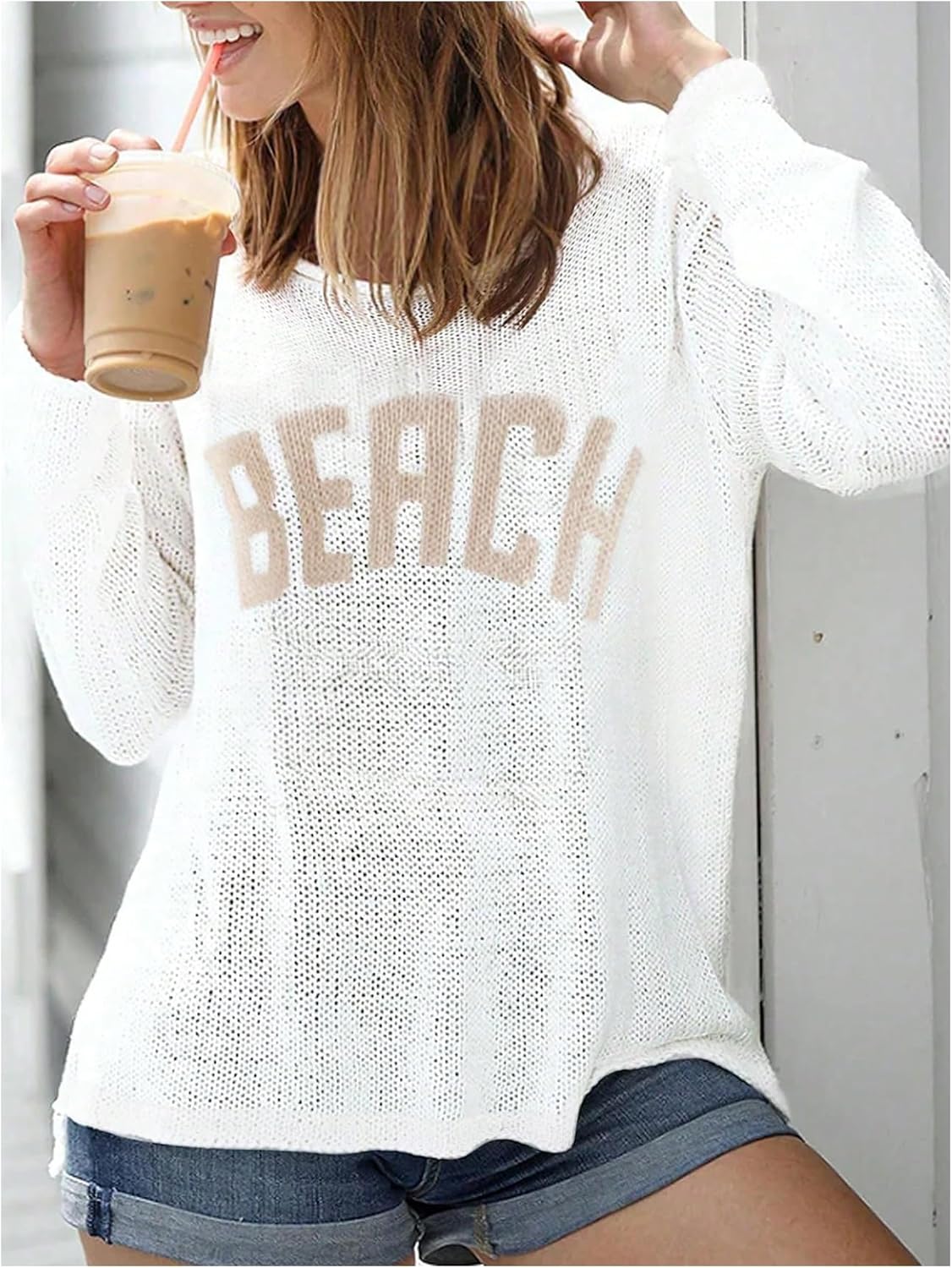 COZYEASE Women's Beach Cover Up Letter Print Long Sleeve Sweater Crew Neck Split Hem Crochet Jumper Top - Image 2