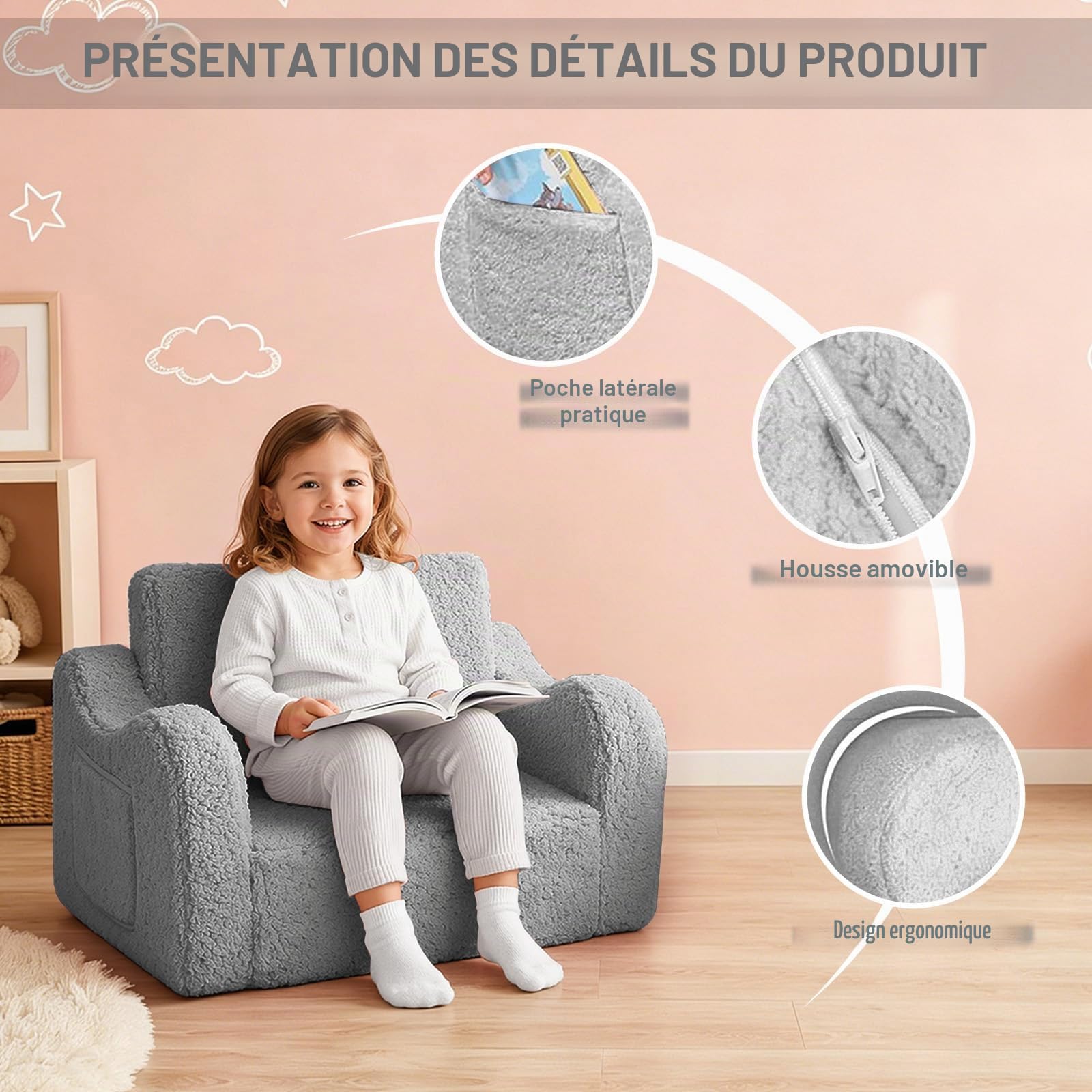 3-en-1 Fauteuil Enfant Canapé-lit, Chauffeuse et Lit Pliable pour Enfant et Bébés, Mini Sofa Chaise pour Chambre Fille ou garçon, Gris