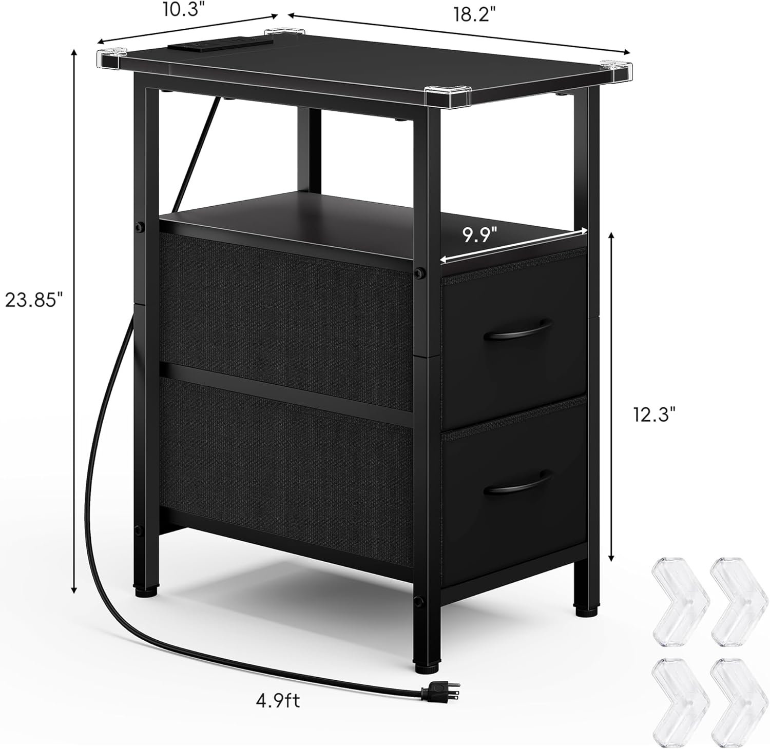 Vagusicc Black End Table with Charging Station, Narrow Side Table, 23.8'' Tall Nightstand with 2 Fabric Drawers, Small Sofa Side Table Narrow Nightstand for Small Spaces, Living Room, Bedroom, Black