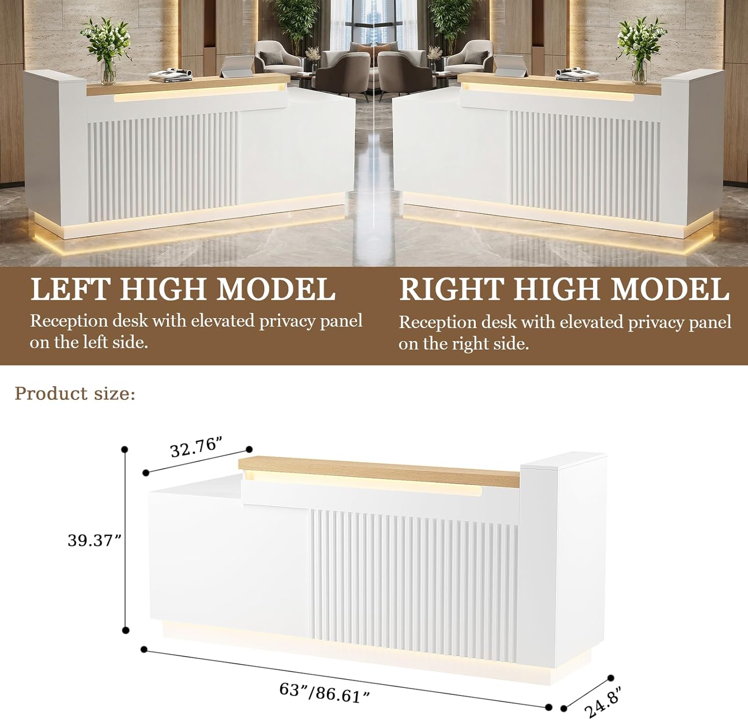 86.6" L-Shaped Reception Desk with LED Lights and Slatted Grille, Modern Front Desk with Built-in Outlets for Salon, Retail Store,Office,White Checkout Counter with Dimmable Switch,Reception Counter