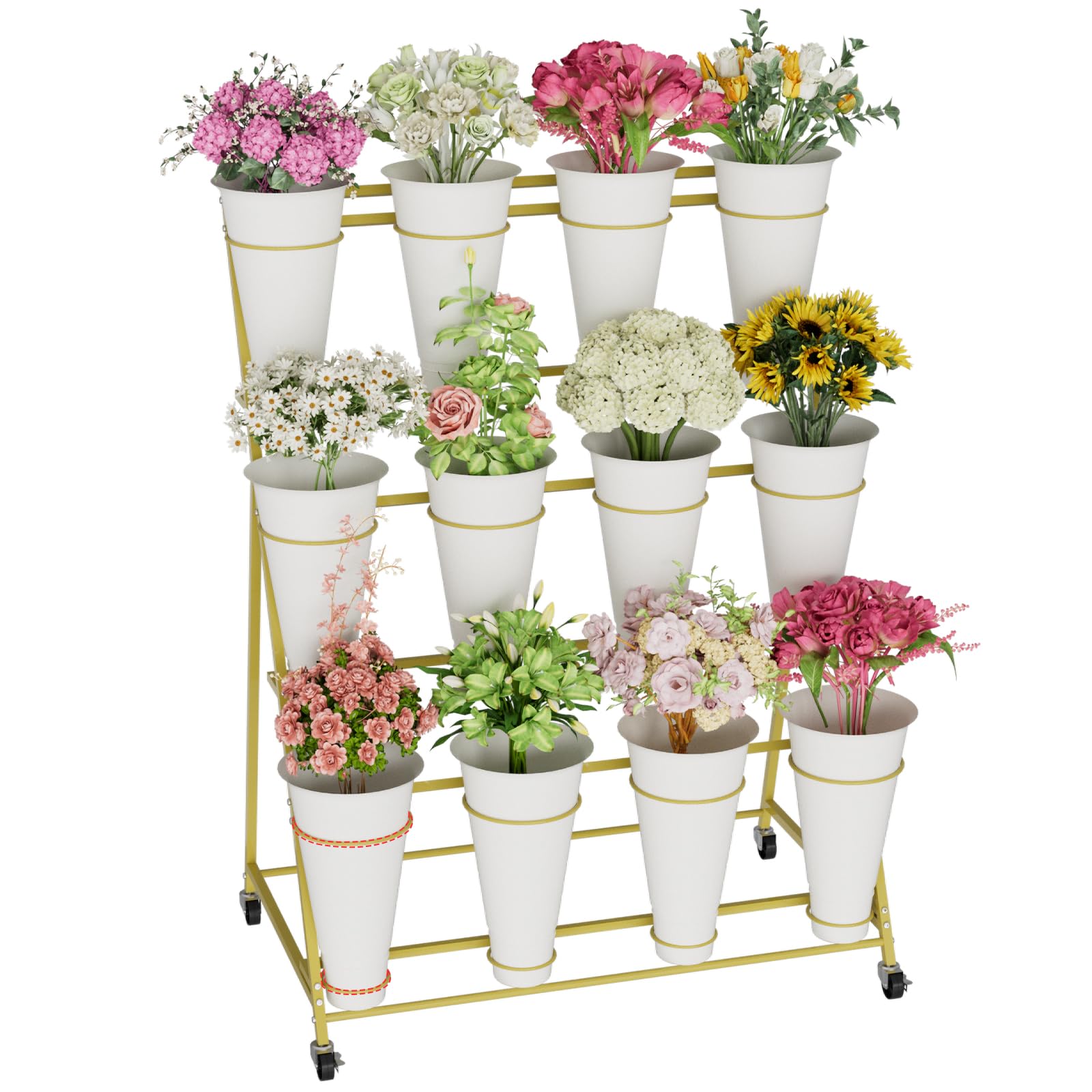 Flower Stand, 3 Tier Flower Display Stand with 12 Buckets, Upgrade Double Circle No Shaking, Outdoor Flower Cart with Wheels for Home, Patio, Garden, Shop, Wedding, Party, Exhibition, Indoor (Gold)