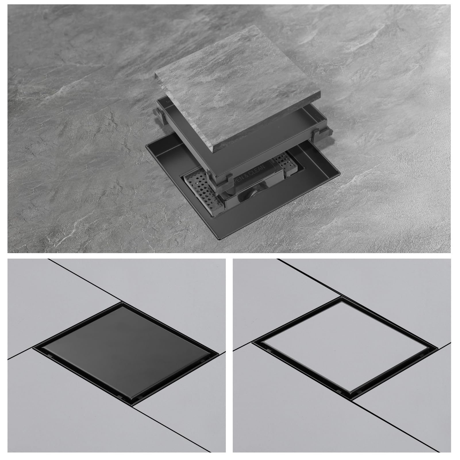 Canaleta de Ducha Cuadrada 20x20cm Desagüe de Ducha Sifón 360° | Negra,304 Inox, Kit Completo, Filtro Antiolores y para Cabello,Insertable en Azulejos, Drenaje Rápido, Fácil de Limpiar