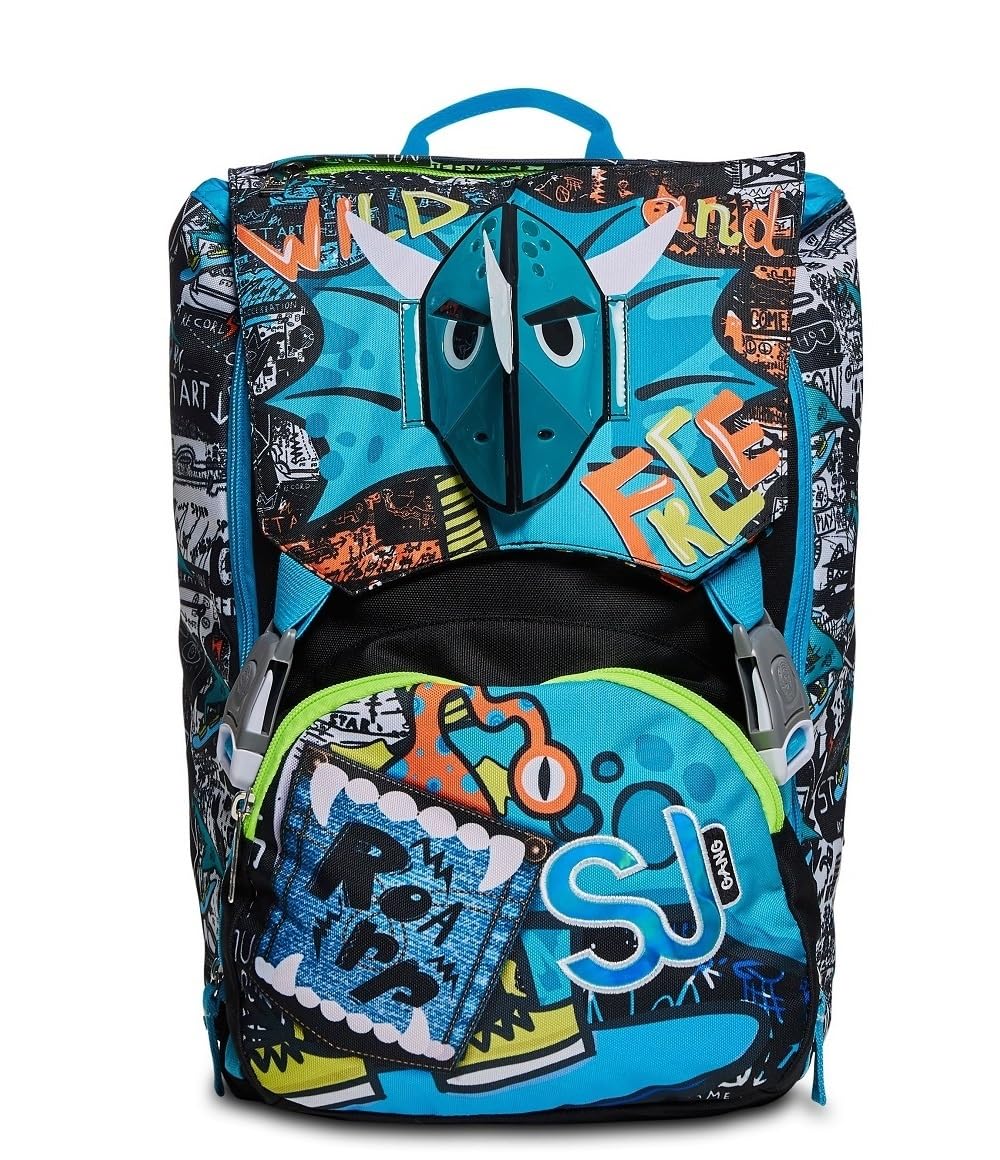 SJ Gang Zaino Scuola Estensibile, Blu Nero, Flip 3D Boy, Zaino Doppio Scomparto Estensibile Con Pattine Sfogliabili, Dinosauro 3D, Scuola Elementare e Tempo libero, Bambino