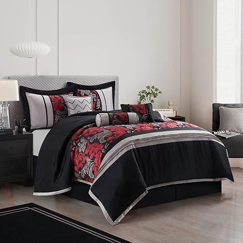 Stratford Park Juego de edredón de hojas, juego de 7 piezas, color rojo, tamaño California King