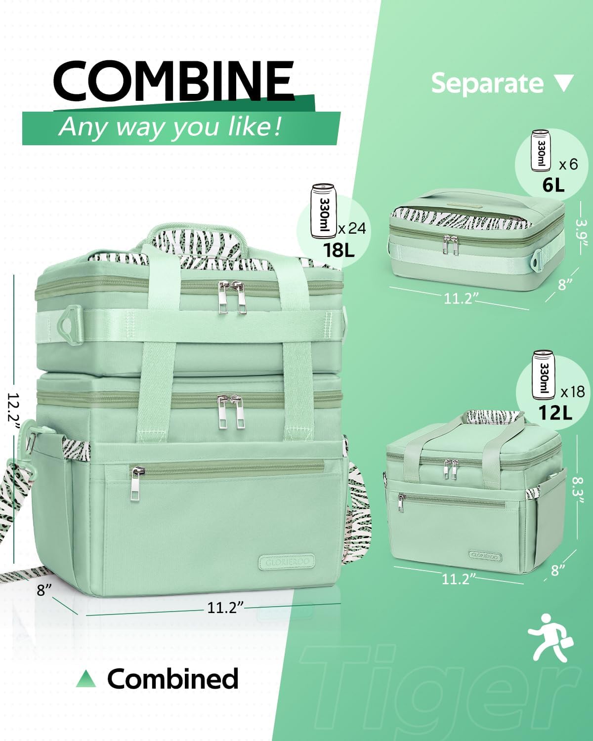 GLORIEROO Large Lunch Box Bag Women - 3 in 1 Large & Small Bags for Separate or Combined Use - Insulated Leak-Proof Cooler for Work Travel Picnic - Christmas Gifts for Women Mom