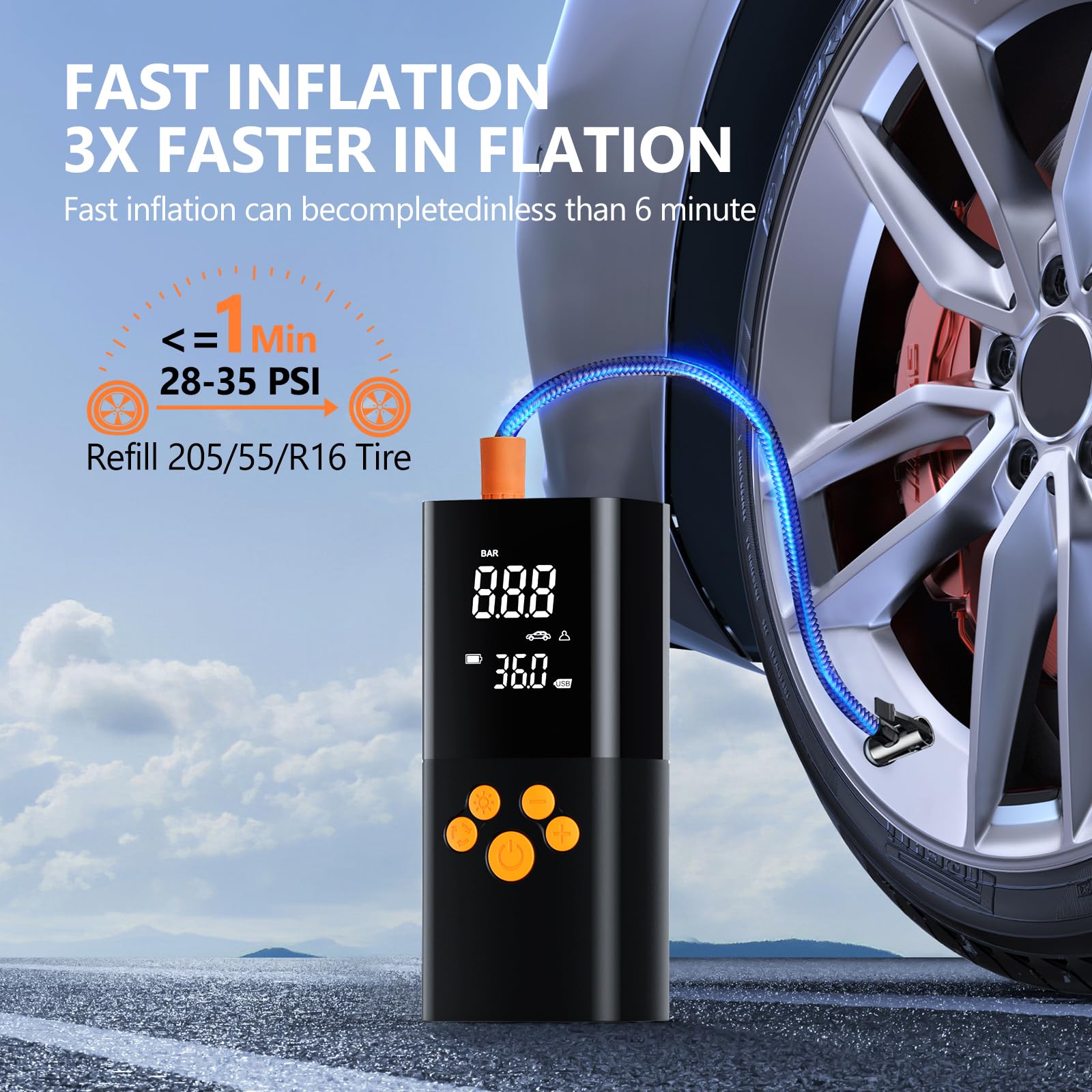160PSI Compressore Aria Portatile 10000mAh,Portable Electric Air Compressor auto con 5 Modalità, Schermo LCD Digitale e Torcia LED, Pompa Elettrica per Bicicletta, Auto, Moto