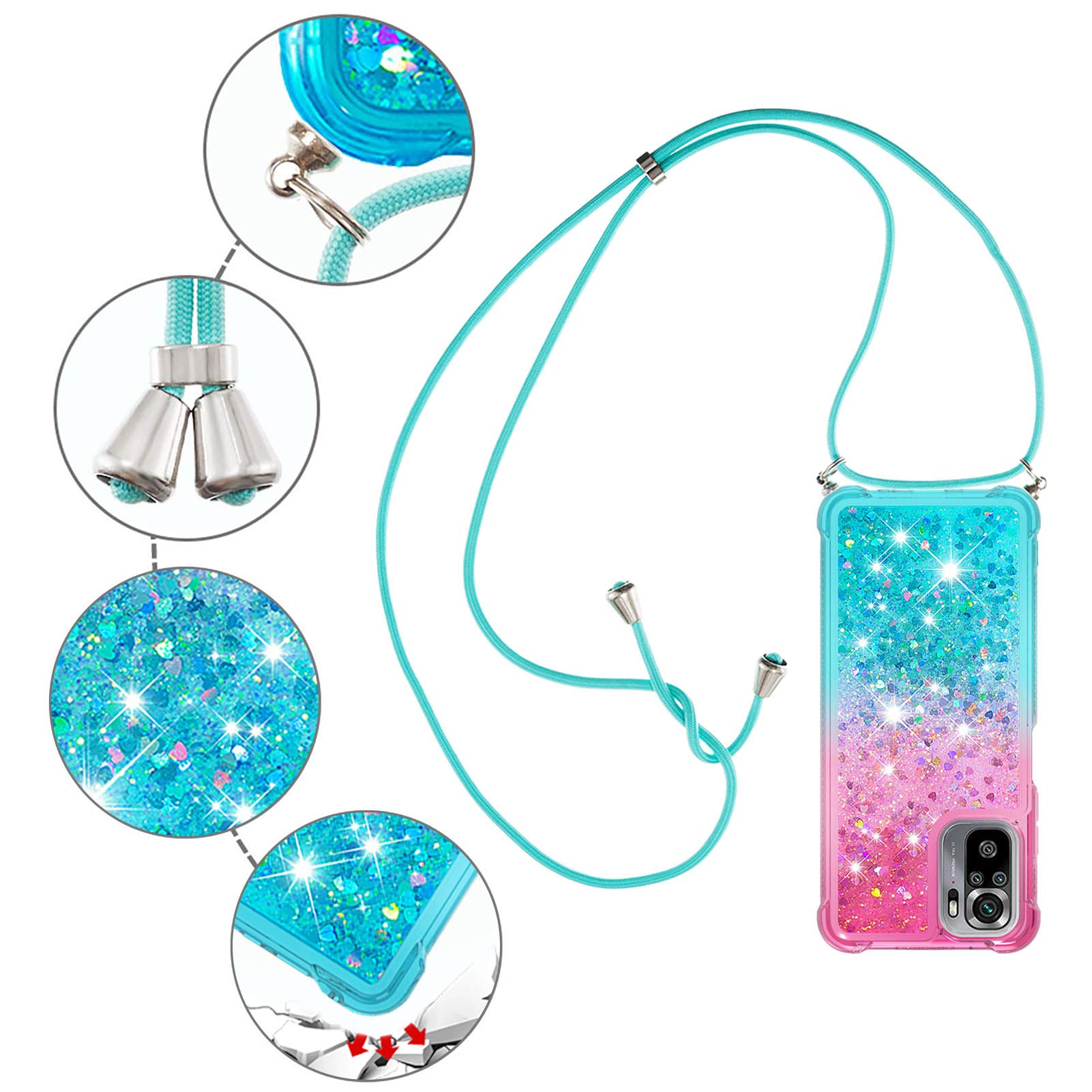 Handyhülle Mit Kette Für Xiaomi Redmi 10 / 10 2022 – Glitzer Herz, Rosa, TPU, Inkl. Umhängeband