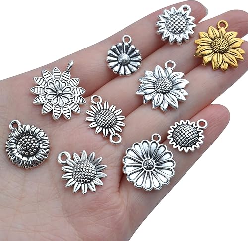 Miniatura 6 de Aylifu 50 dijes vintage de girasol, suministros de flores de aleación, para hacer joyas, 10 estilos