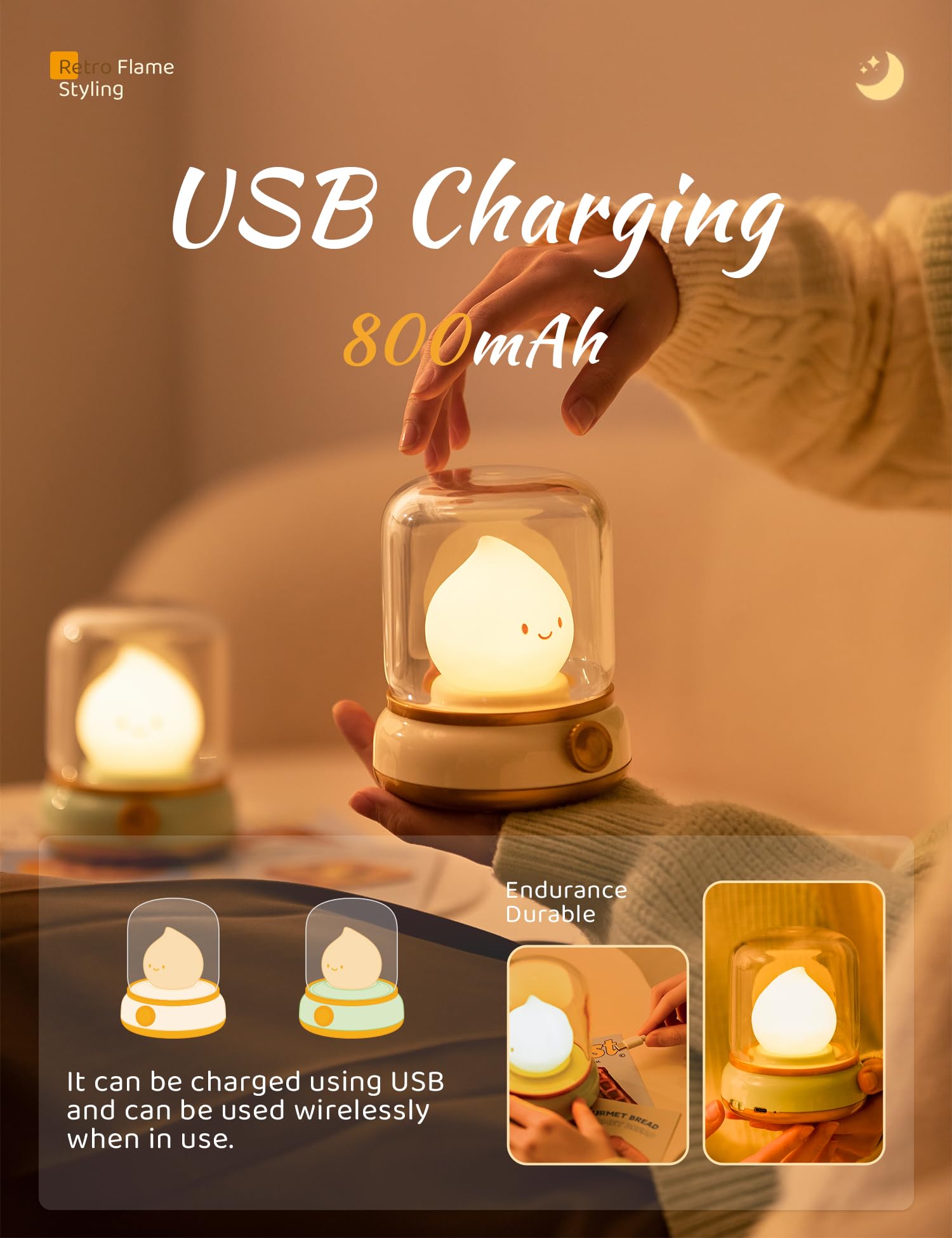 WANIDEA Nachtlicht, niedliches Nachtlicht für Kinder, 2 Stück (gelb und grün) | Chibi Flammen-Design, batteriebetrieben, stufenloses Dimmen, Raumdekoration, Geschenke für Kinder