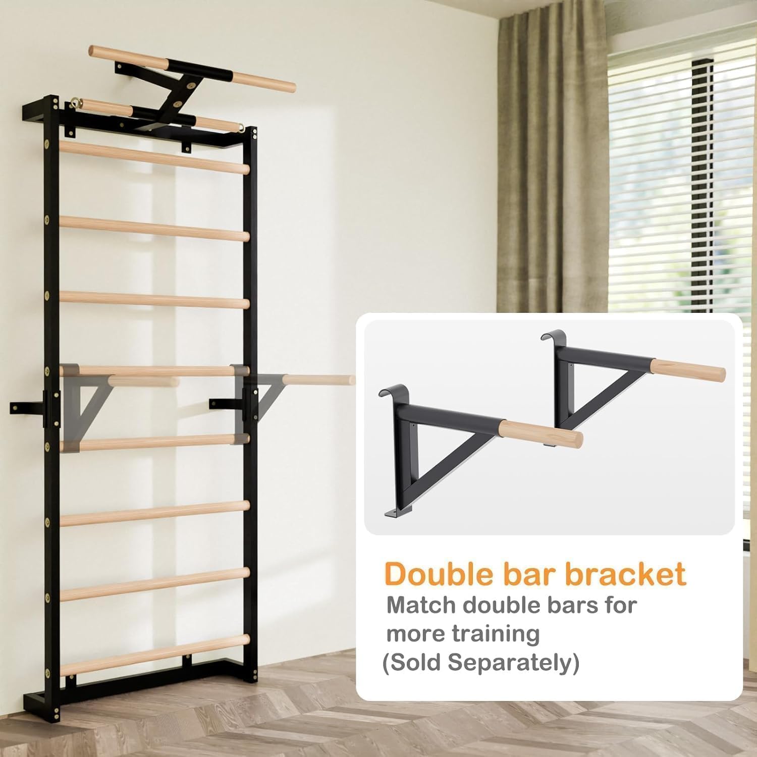 Swedish Ladder, Wood Stall Bars Suspension Trainer with Pull-Up Bar & Rings for Straps, Swedish ladders Wall Gym Adult, Wall-Mounted Workout Ladder