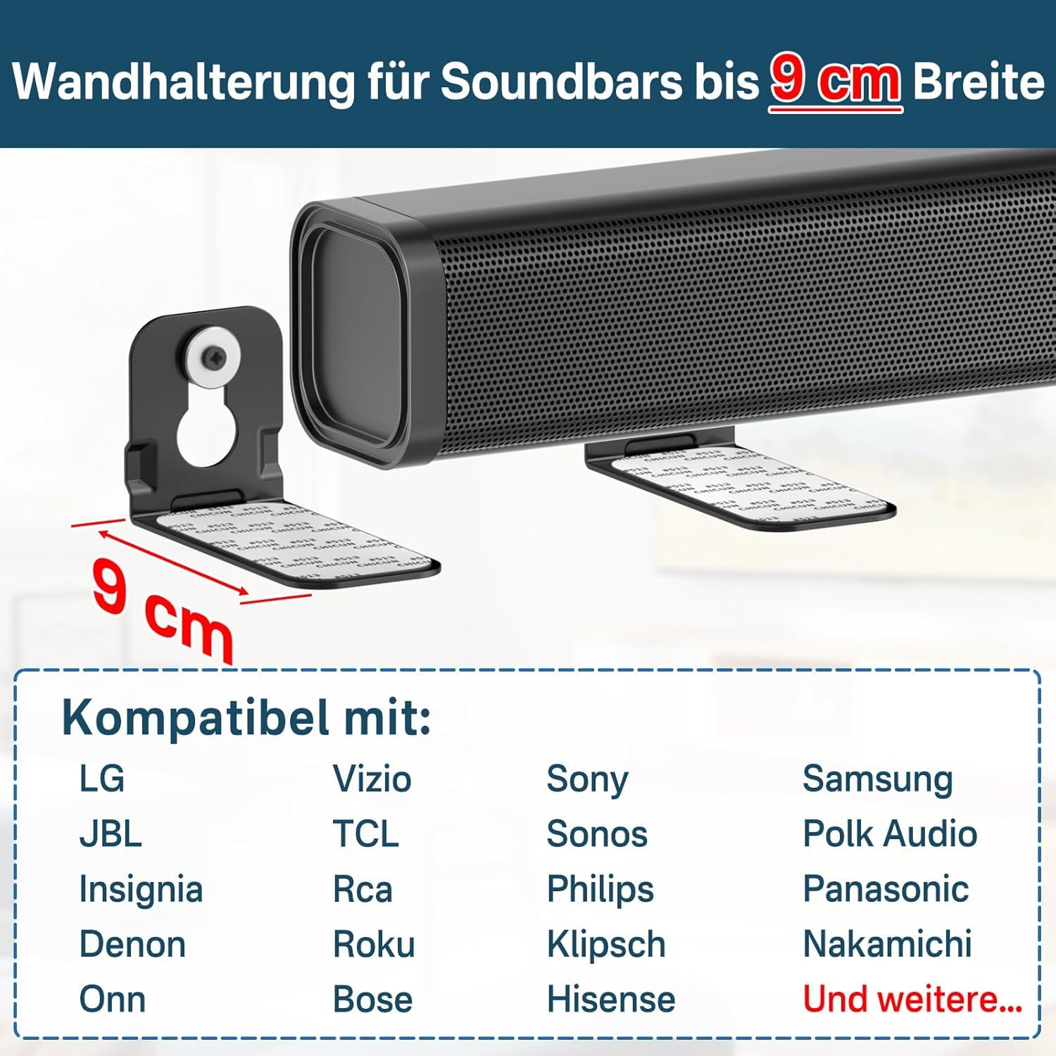 Supporto Soundbar da Parete Sotto TV, Staffa Universale per Soundbar – Compatibile con Samsung, LG, Sony, Bose, Vizio, Onn – Montaggio a Parete/Sotto TV