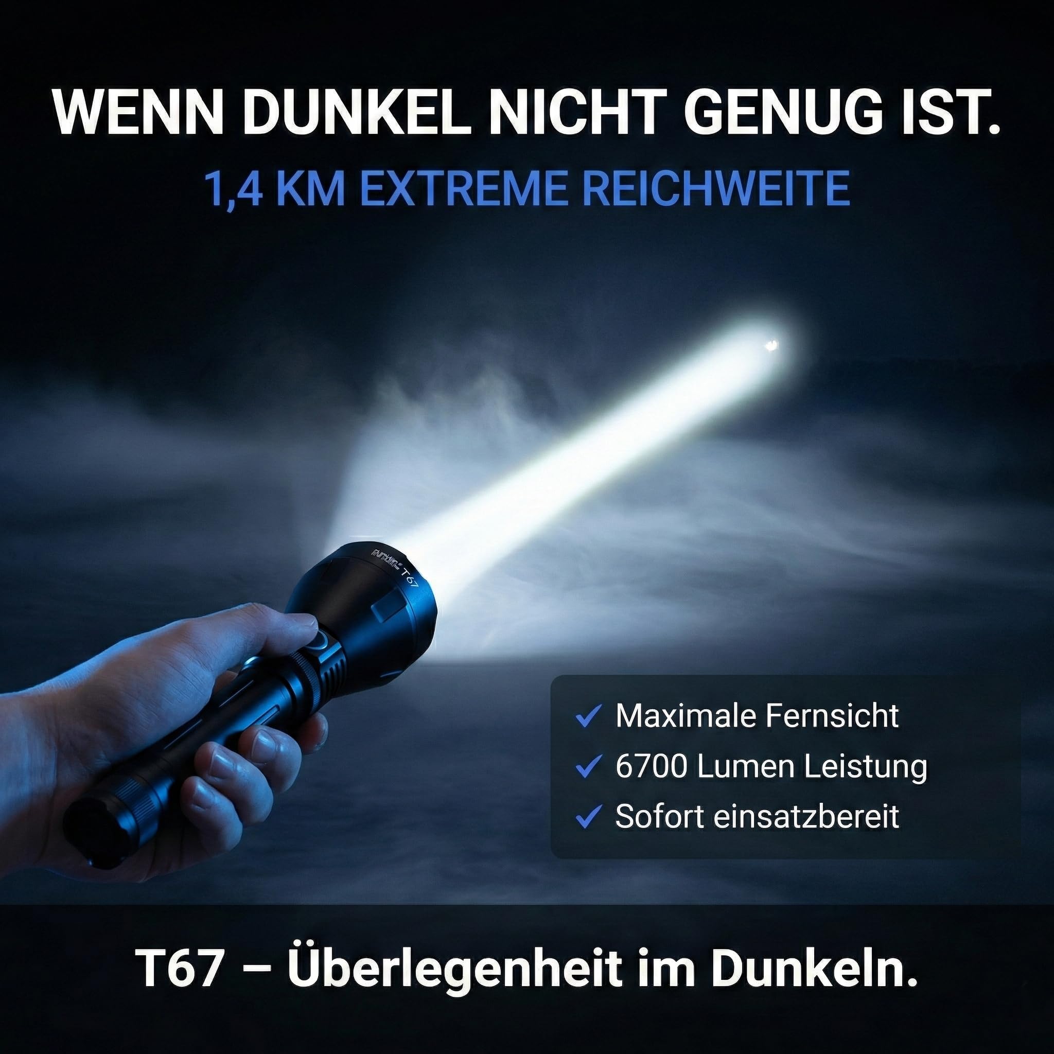 Lampe de poche LED T67 - Ultra lumineuse 6700 lumens, portée de 1400 m, charge rapide USB-C, étanchéité IP68, design robuste, parfait pour les aventures en plein air (kit de base)