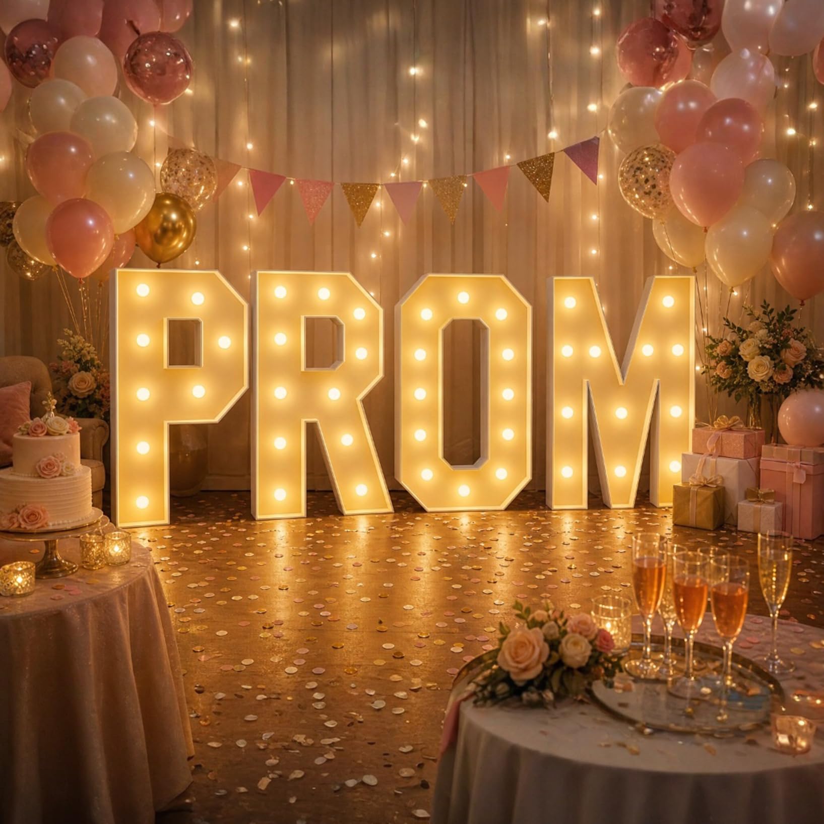 Letters PROM Light Up Mosaic Balloon Frame 2.3FT Marquee LED Pre-Cut Foam Board, Party Backdrop for Anniversary Graduation Decor, 70cm-2.3ft