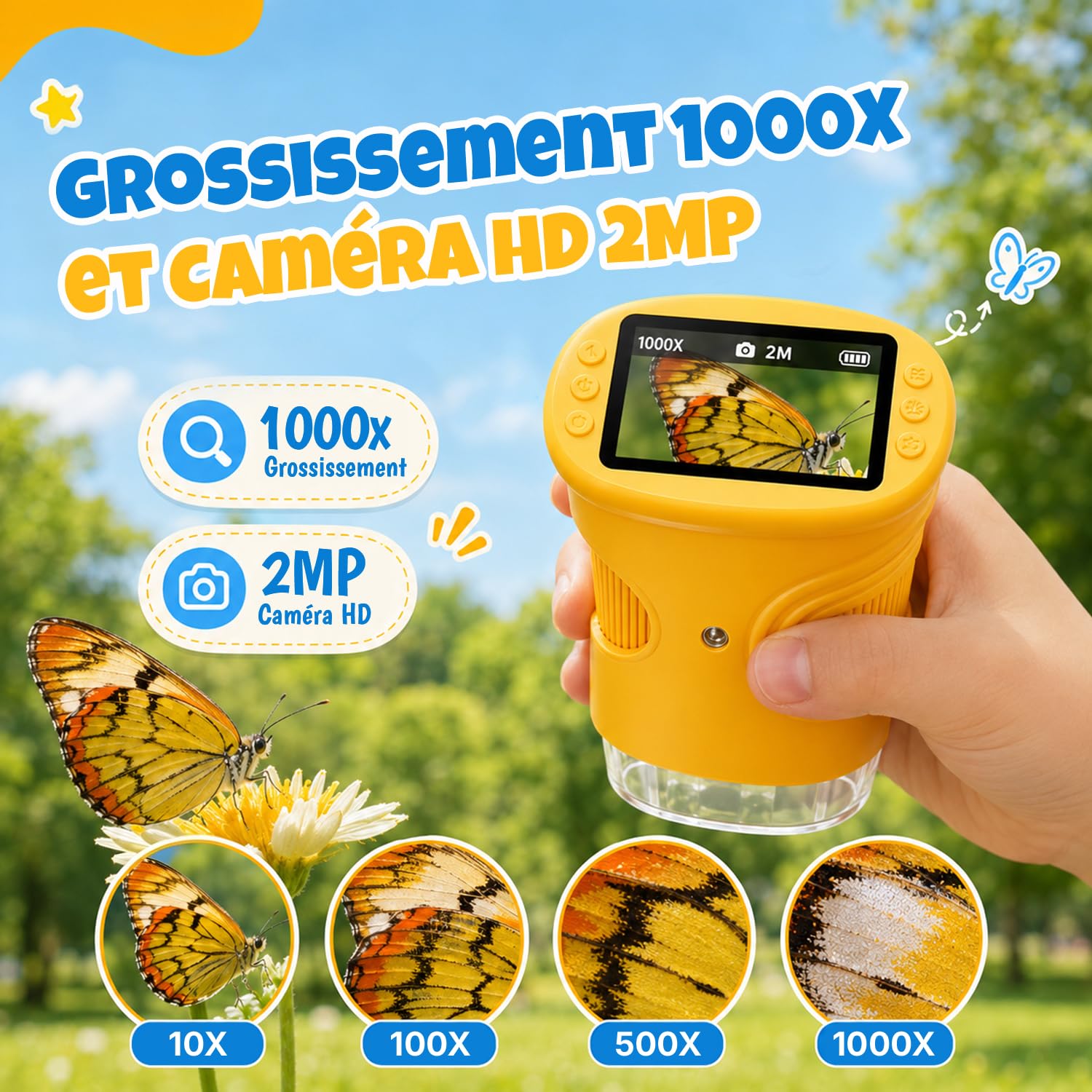 Microscope Numérique pour Enfants,1000X Mini Microscope de Poche Portabl, Éclairage 8 LED, USB Rechargeable,Cadeau de Noël et d’Anniversaire pour Enfants 3–12 Ans
